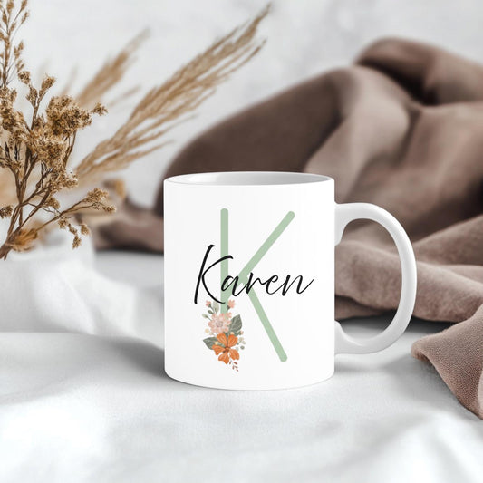 Personalized Initial Mug, Custom Name Floral Coffee Cup, Minimalist Botanical Gift, Flower Monogram Mug for Mom