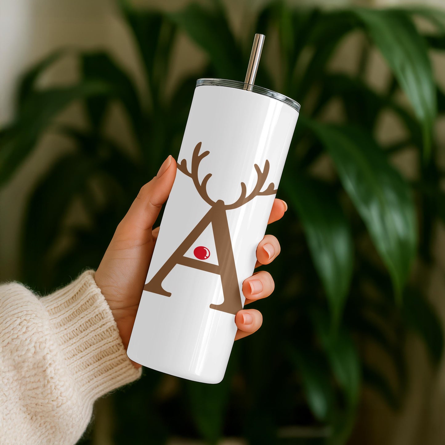 Personalized Christmas Tumbler, Gift for Her, Custom Letter Reindeer Cup, 20oz Skinny Tumbler with Name, Holiday Gift