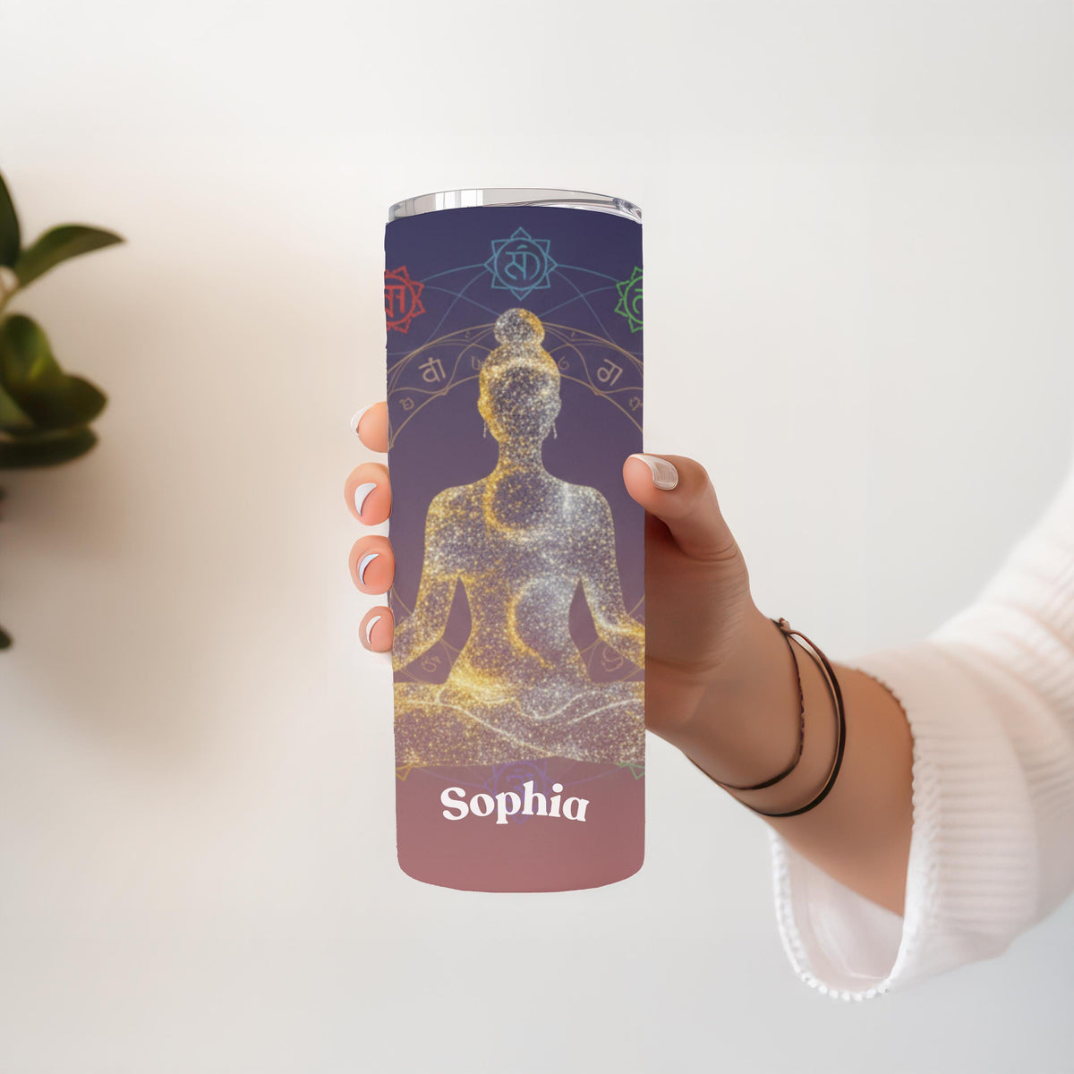 Personalized Yoga Tumbler with Name, Chakra Meditation Gift for Her, 20oz Skinny Tumbler, Custom Yoga Lover Travel Mug