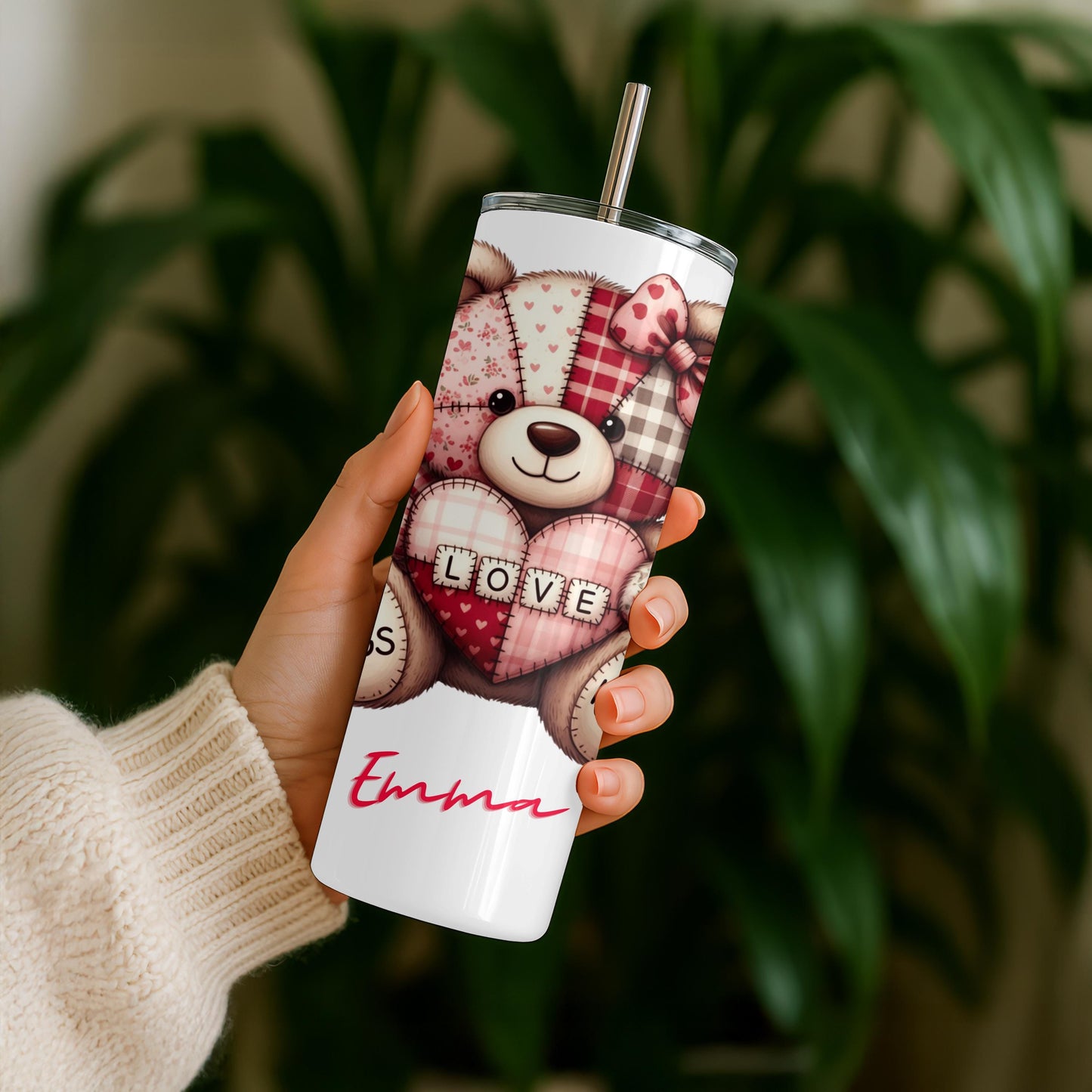 Personalized Valentine's Day Tumbler with Name, Cute Teddy Bear 20oz Skinny Tumbler, Gift for Her, Love Hugs and Kisses Custom Cup