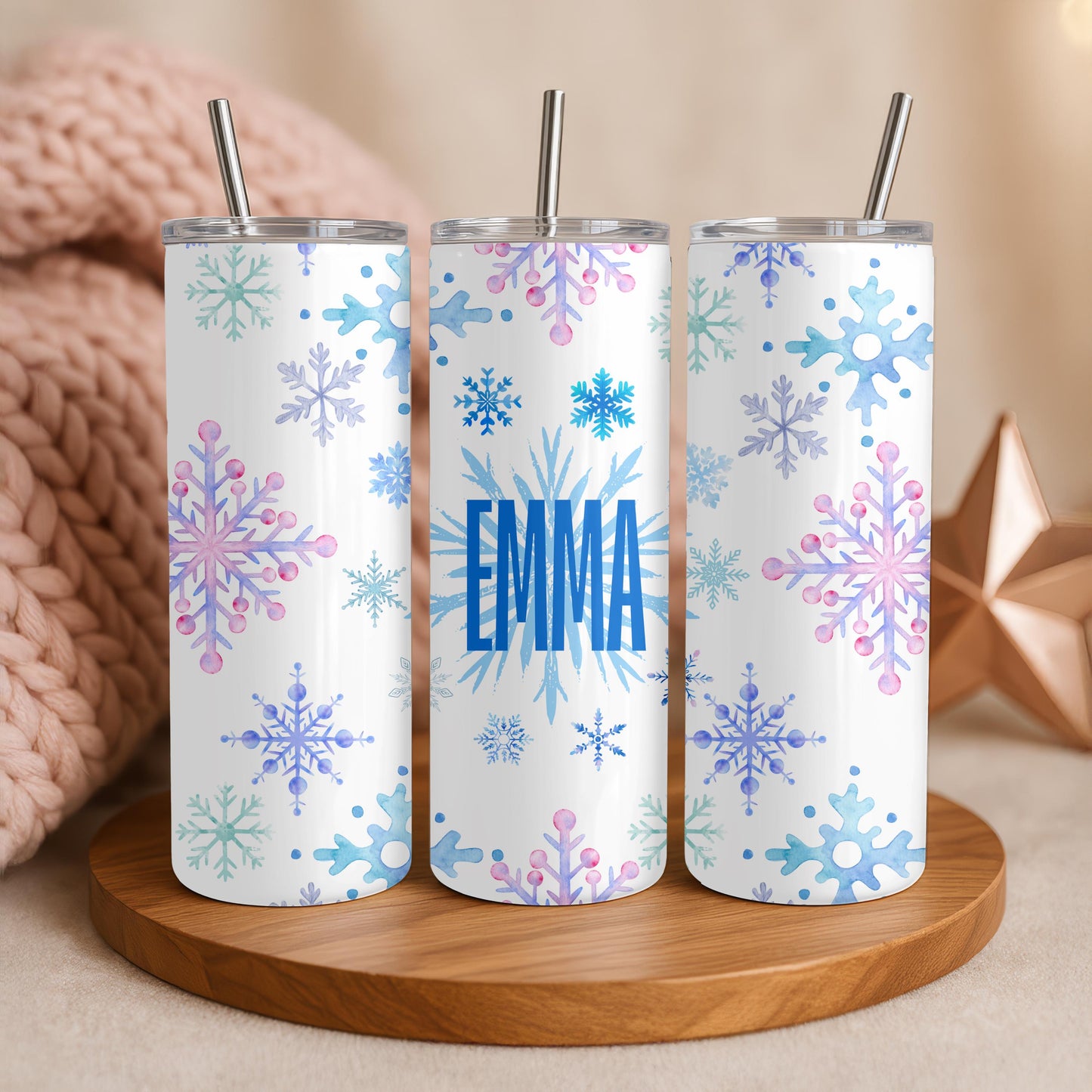 Personalized Snowflake Tumbler with Name, Winter Aesthetic 20oz Skinny Tumbler, Custom Christmas Gift for Her