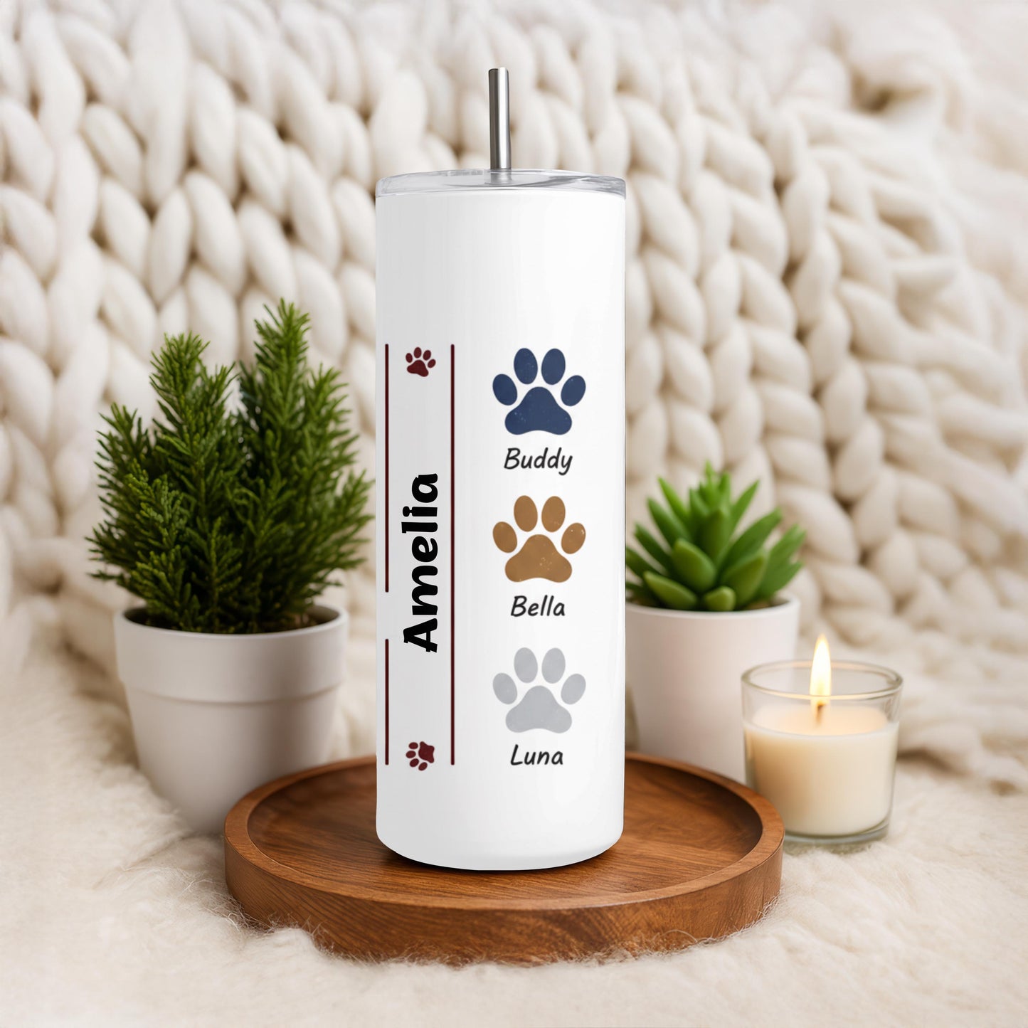 Personalized Cat Mom Tumbler with Names, Custom Pet Paw 20oz Skinny Tumbler, Gift for Multiple Cat Owners, Fur Mama Travel Cup