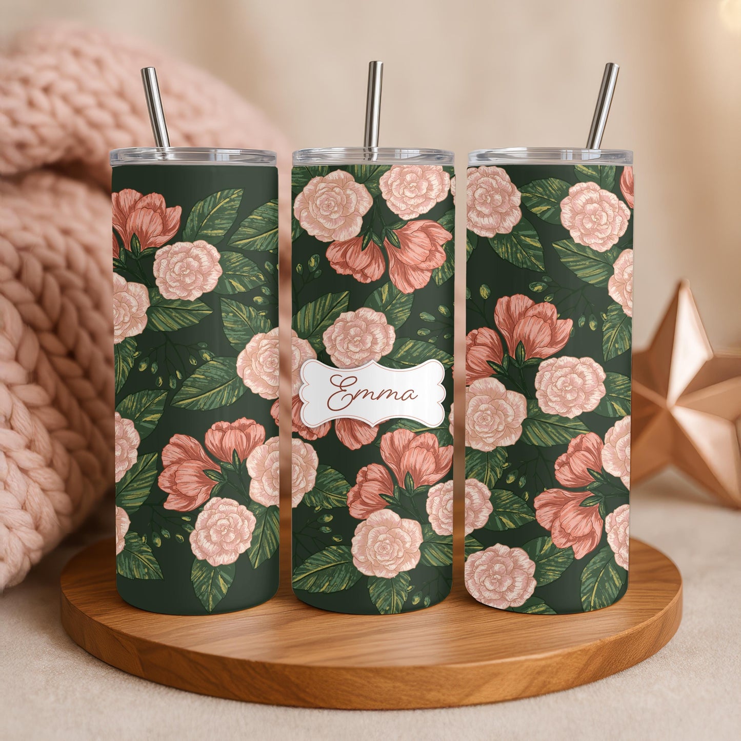 Personalized Dark Floral Tumbler, Vintage Rose 20oz Skinny Tumbler, Custom Botanical Gift for Her, Aesthetic Flower Travel Cup