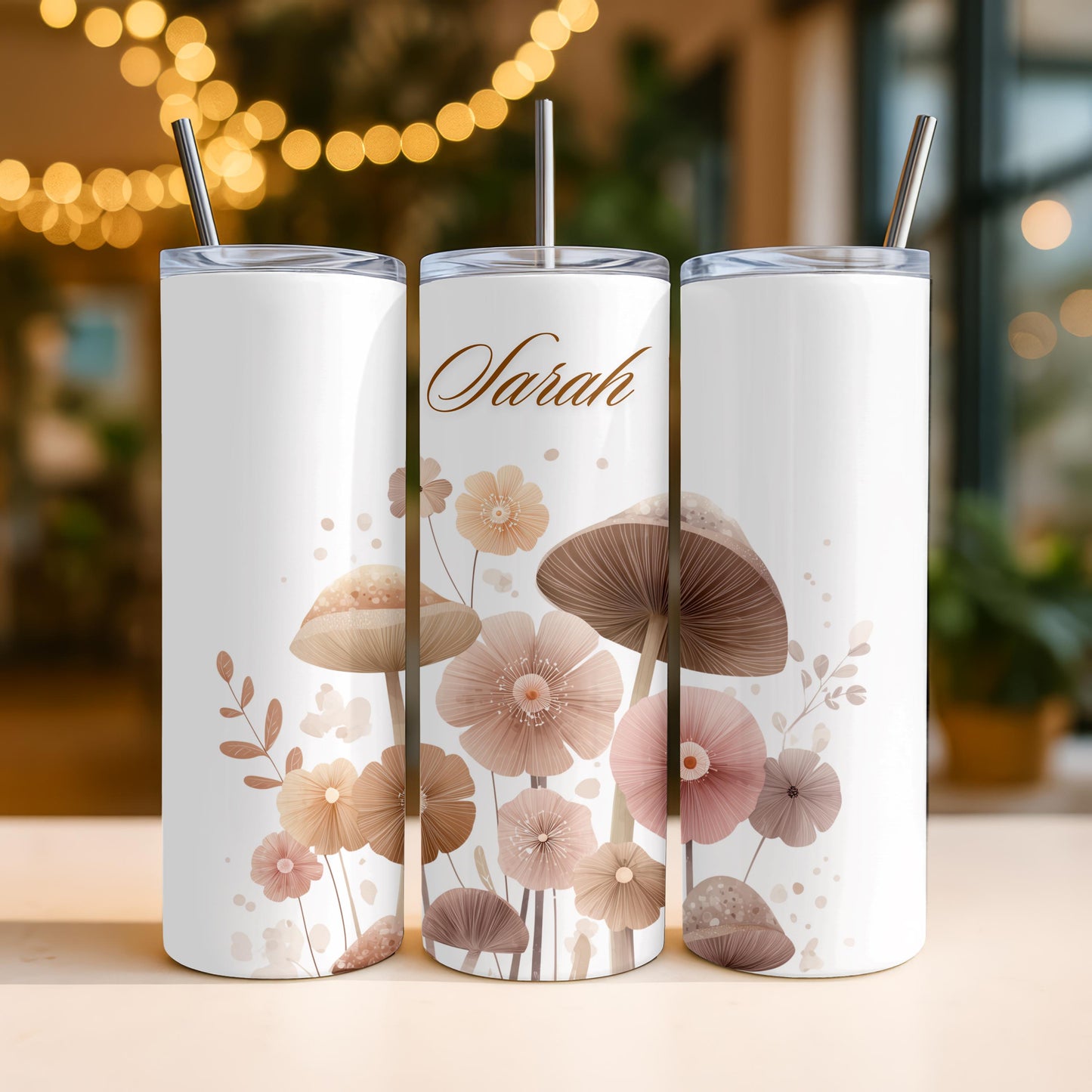 Personalized Mushroom Tumbler: Custom Name 20oz Skinny Tumbler, Boho Cottagecore Floral Travel Mug