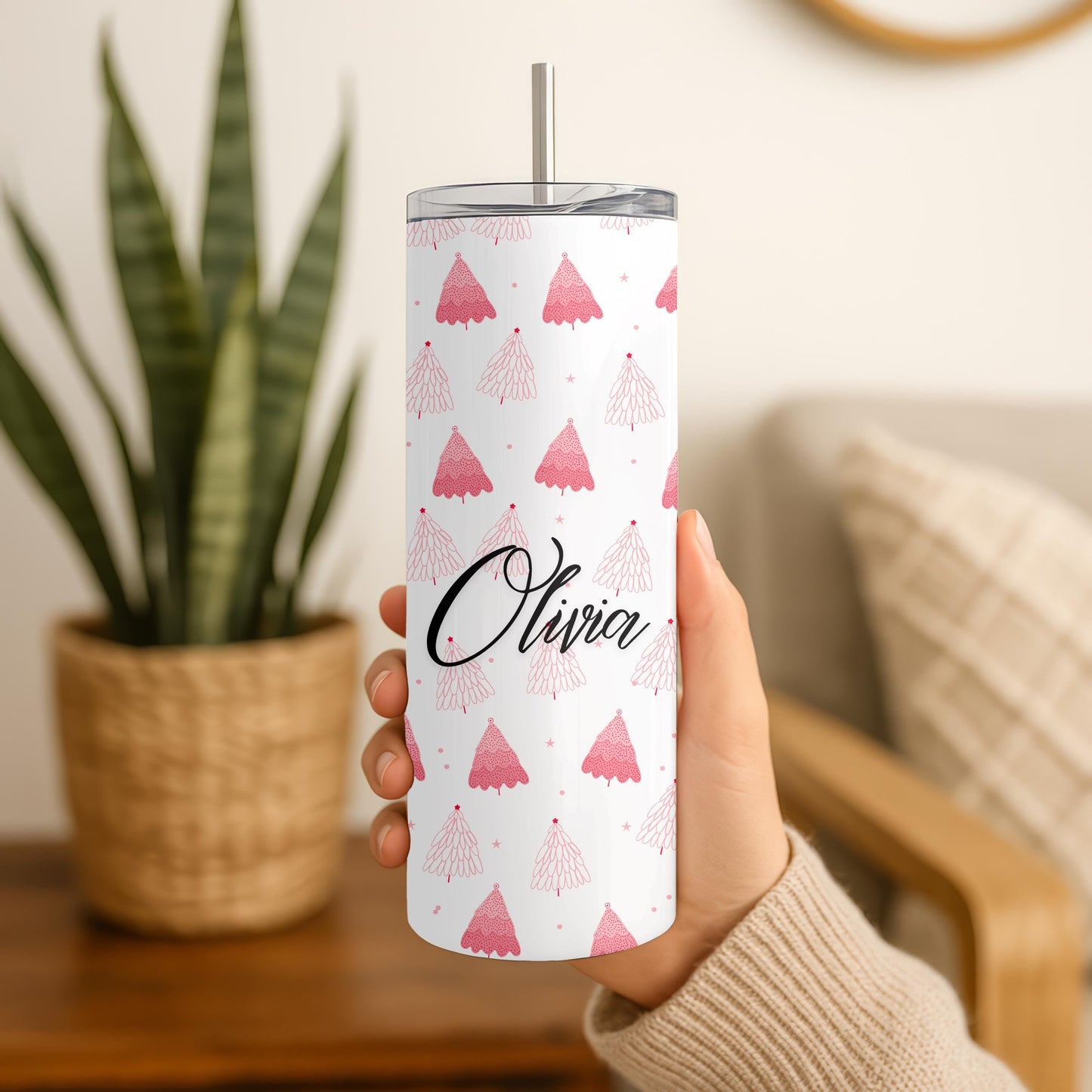 Personalized Pink Christmas Tumbler, Custom Name 20oz Skinny Tumbler, Christmas Tree Mug, Girly Christmas Gift for Her