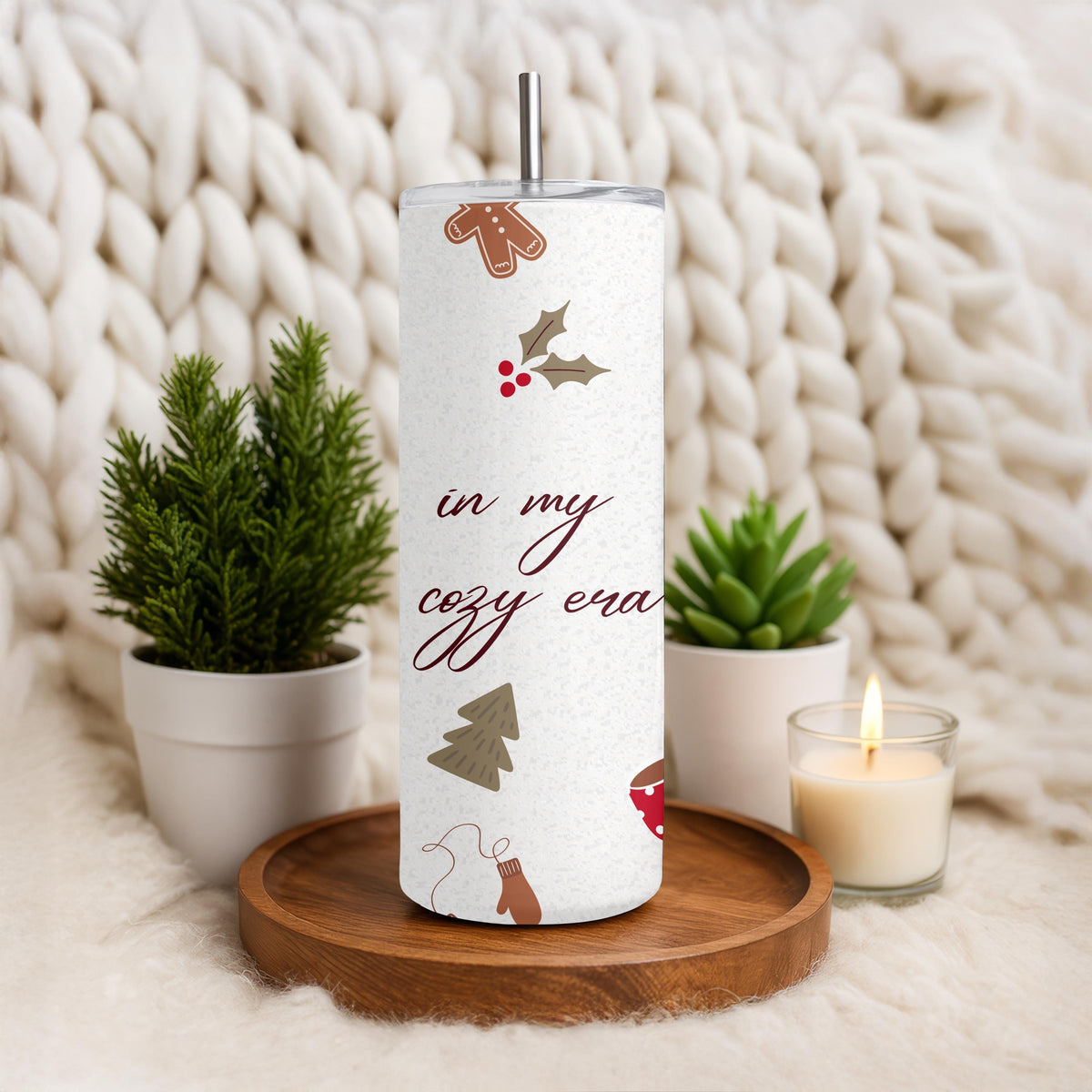 In My Cozy Era Tumbler, Aesthetic Winter Holiday Gift for Her, 20oz Skinny Tumbler, Cute Gingerbread and Christmas Travel Mug