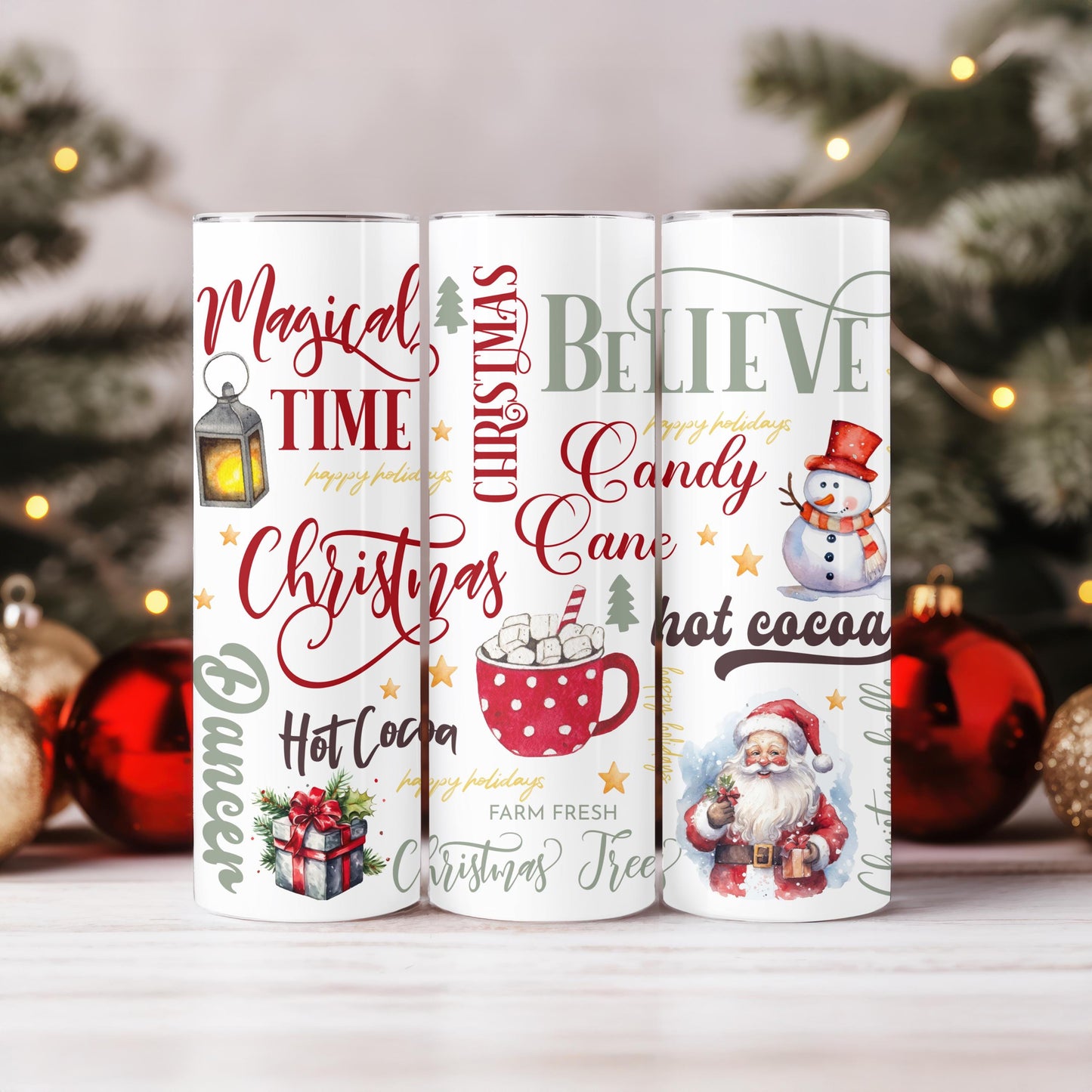 Christmas 20oz Skinny Tumbler, Santa and Snowman Holiday Cup, Aesthetic Gingerbread, Gift for Her
