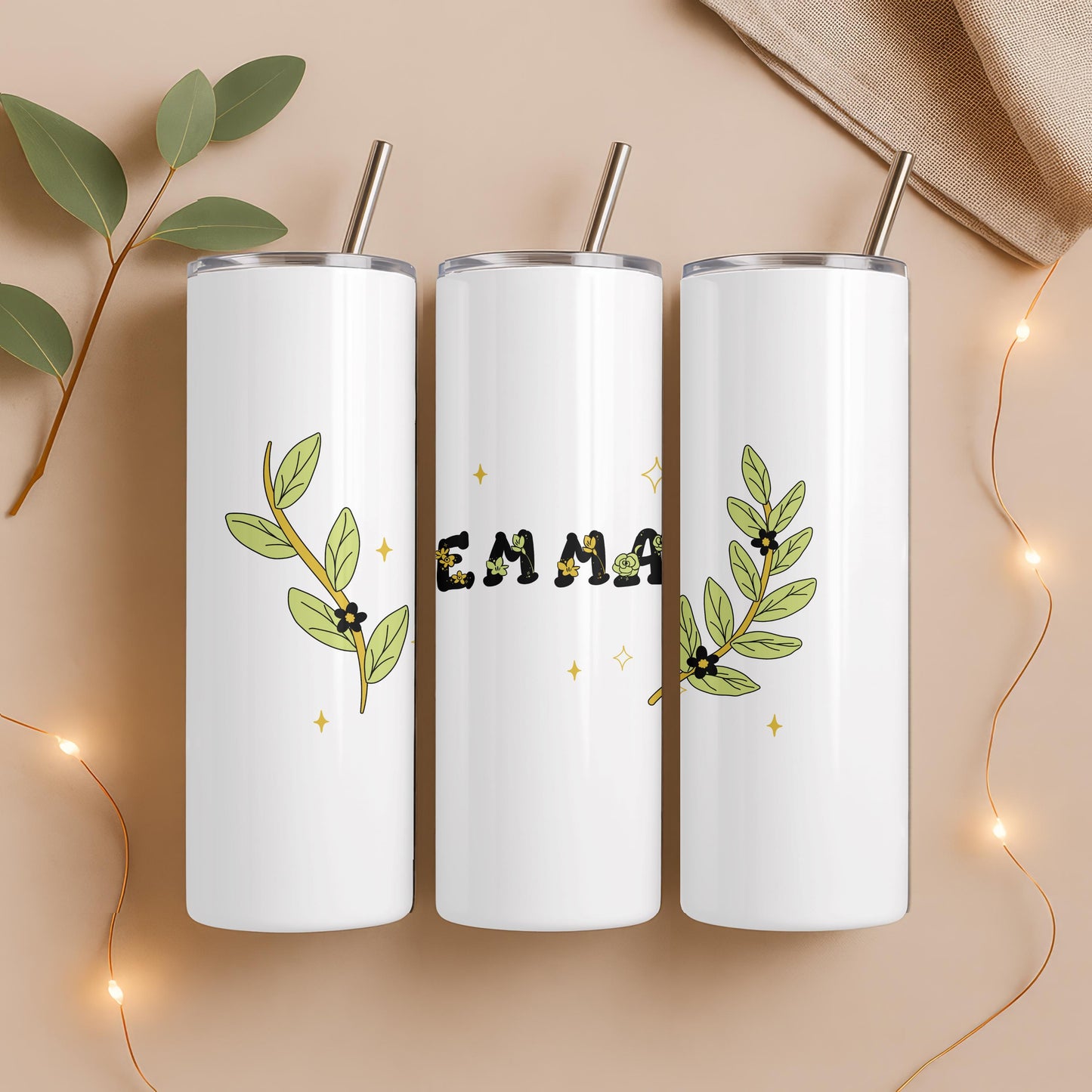Personalized Wildflower Tumbler with Name, Minimalist Greenery 20oz Skinny Tumbler, Custom Botanical Gift for Her, Floral Name Cup