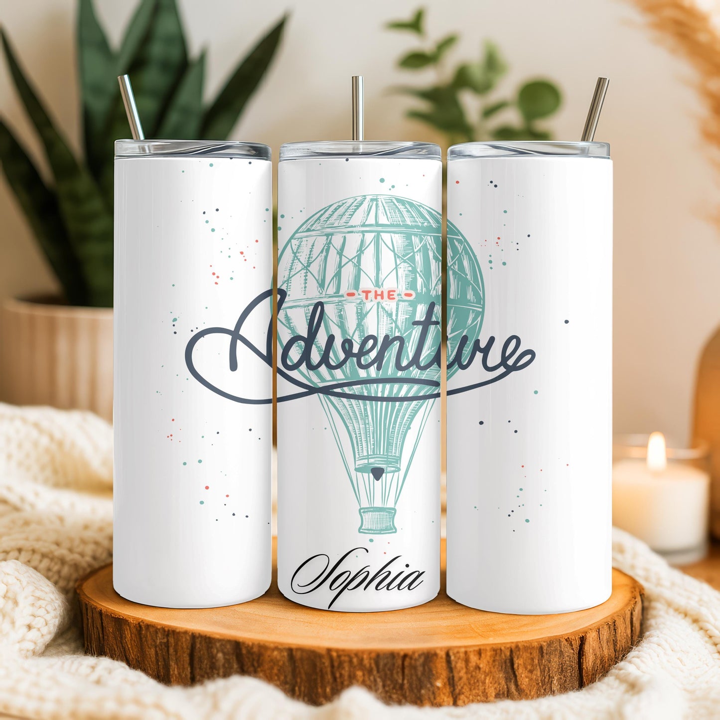 Personalized Adventure Tumbler: Custom Name 20oz Skinny Tumbler, Hot Air Balloon Travel Mug, Wanderlust Gift, Adventure Awaits Cup