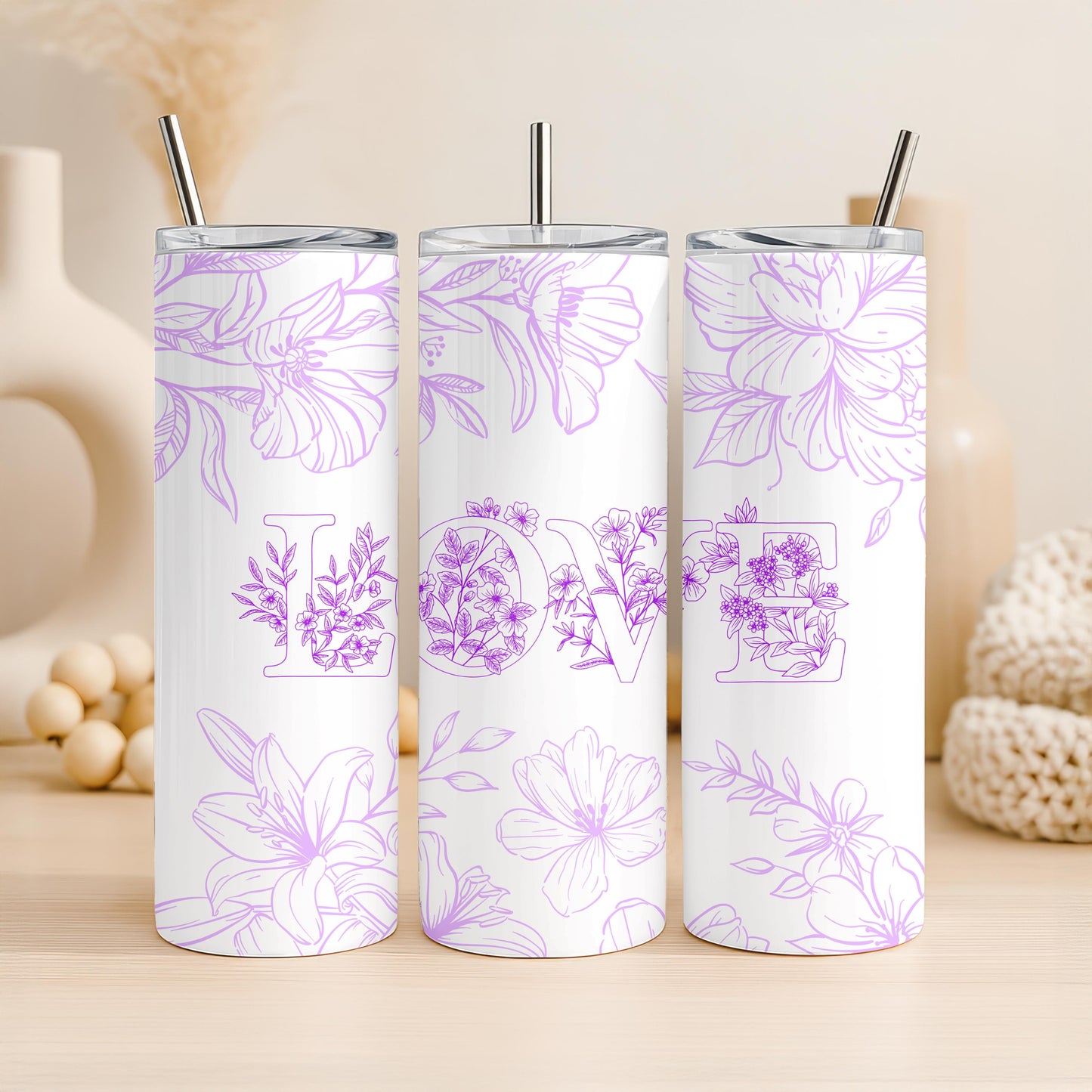 Floral Love Tumbler: 20oz Skinny Tumbler, Purple Flower Travel Mug, Romantic Botanical Gift for Her