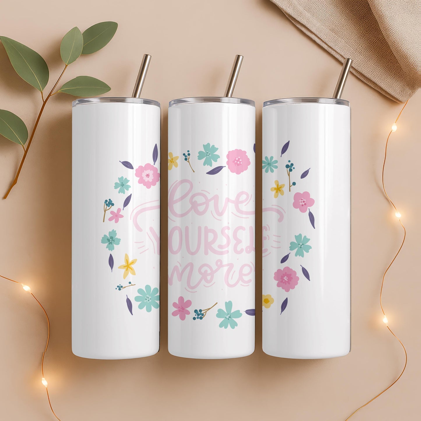 Self Care Gift Tumbler: Love Yourself More 20oz Skinny Tumbler, Inspirational Floral Travel Mug, Mental Health Awareness Gift