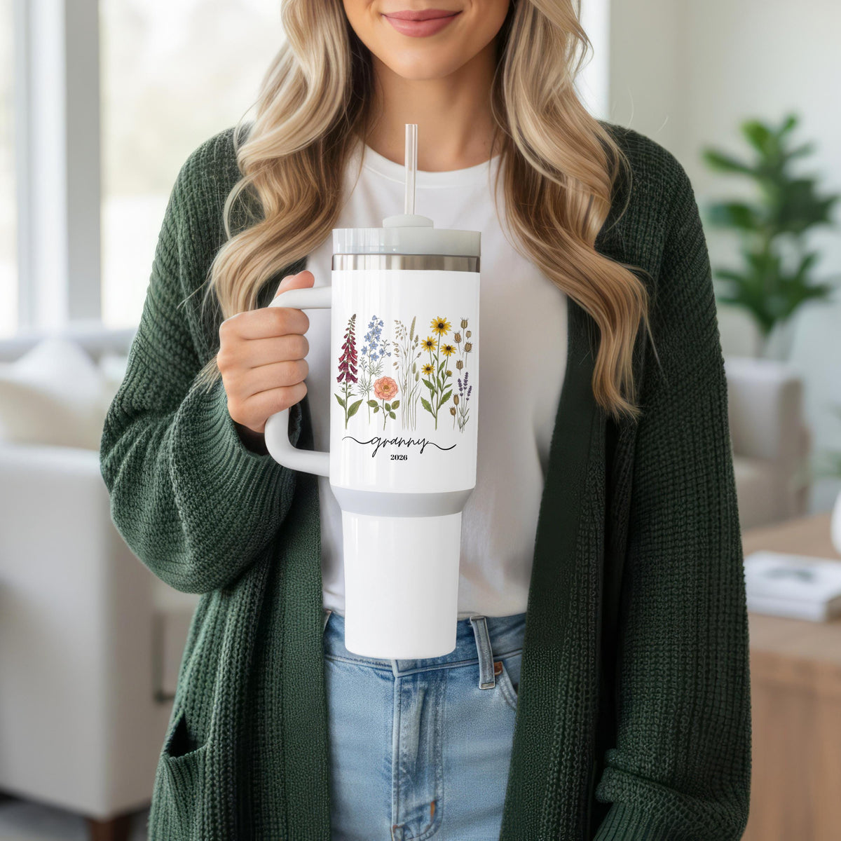 Personalized Grandma Tumbler with Handle, Wildflower 40oz Cup, Custom Name Granny Gift Her