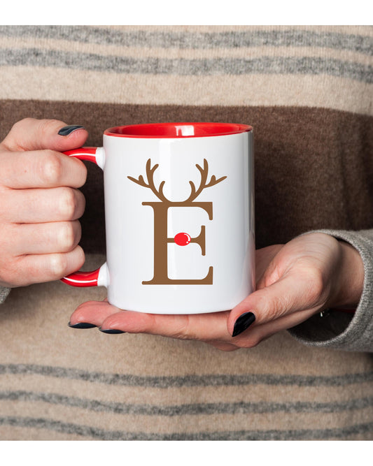 Personalised Reindeer Mug, Christmas Initial Coffee Cup, Holiday Gift for Her, Custom Letter Cup, Festive Red Accent Mug