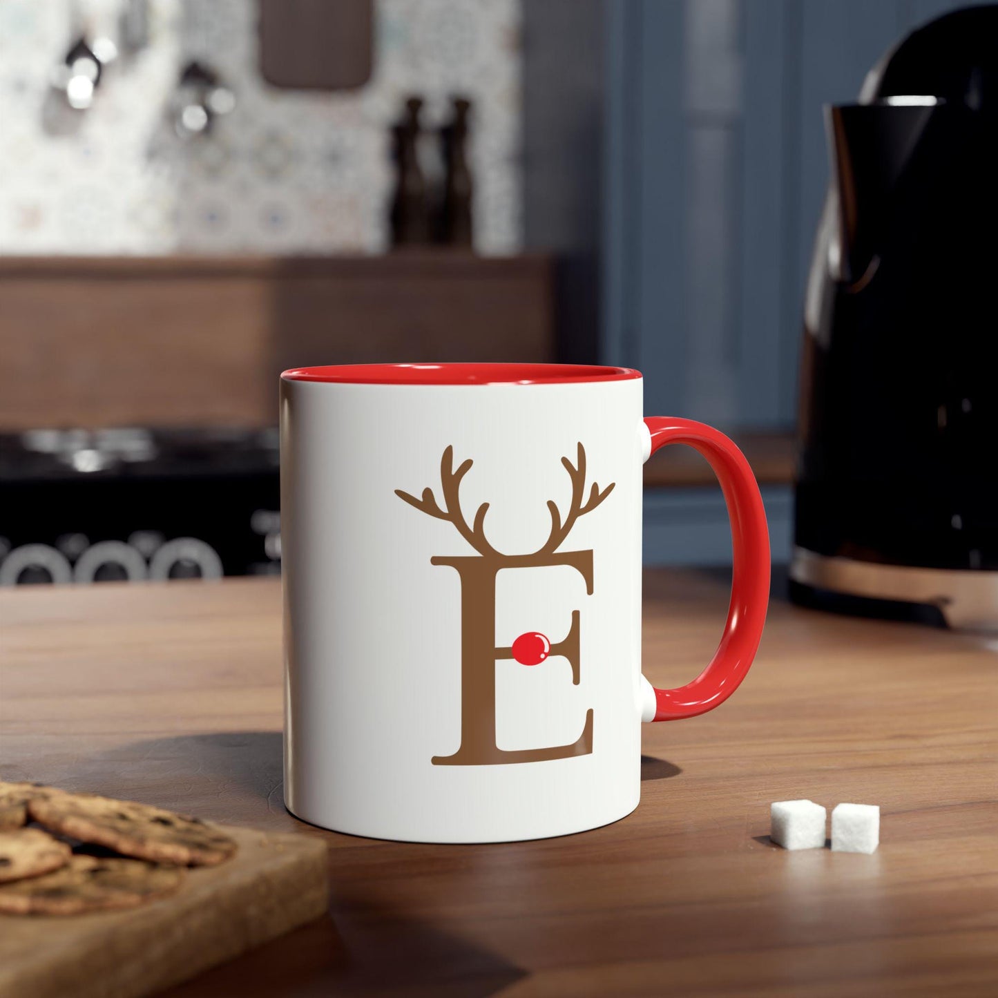 Personalised Reindeer Mug, Christmas Initial Coffee Cup, Holiday Gift for Her, Custom Letter Cup, Festive Red Accent Mug