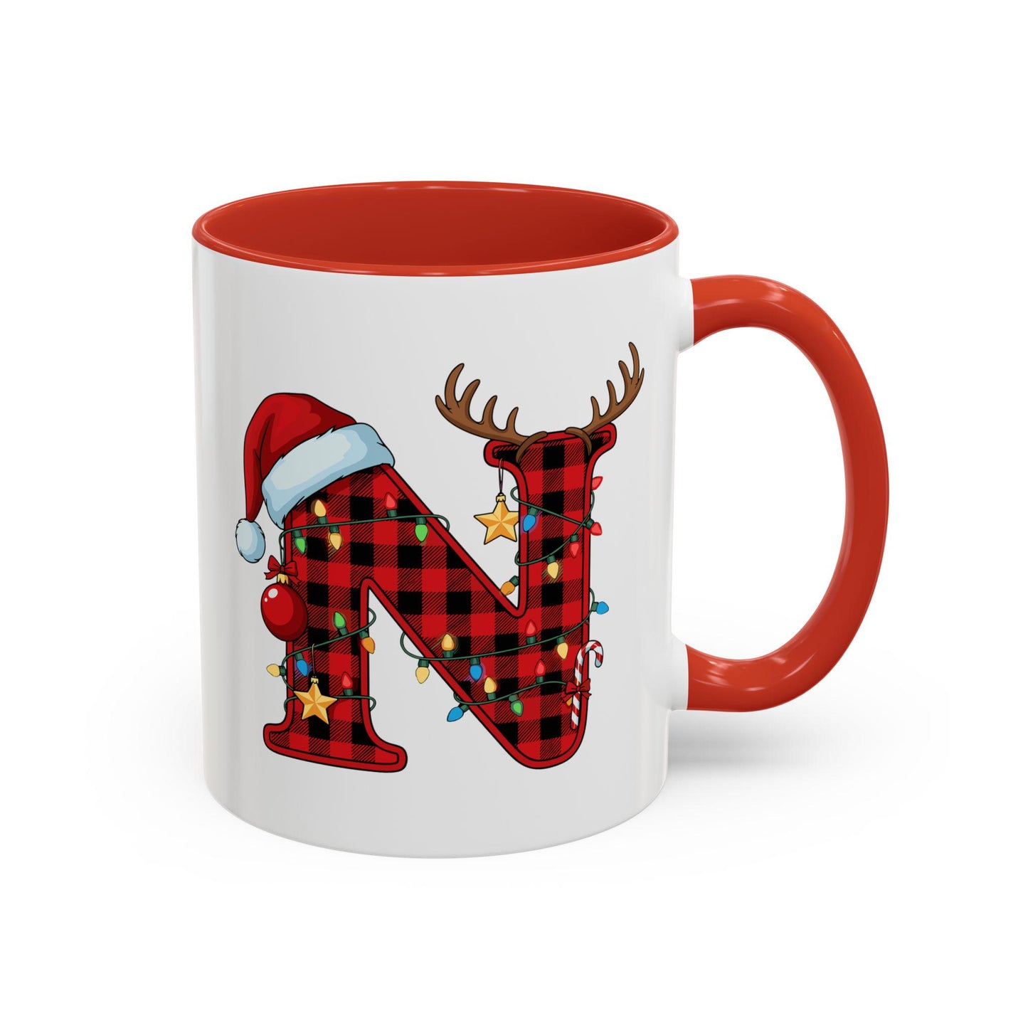 Personalized Christmas Mug: Buffalo Plaid Initial, Reindeer, Santa Hat