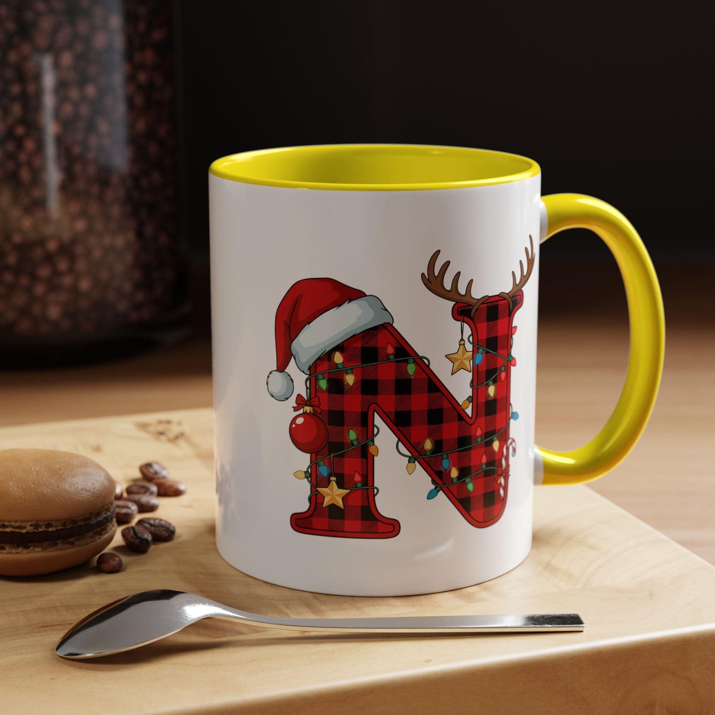 Personalized Christmas Mug: Buffalo Plaid Initial, Reindeer, Santa Hat