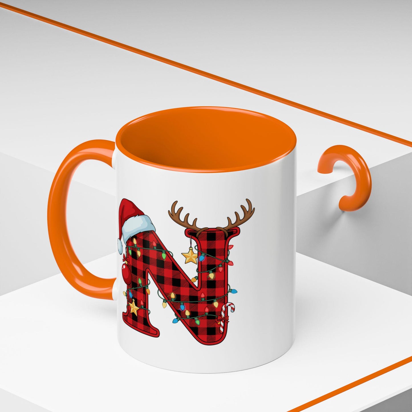 Personalized Christmas Mug: Buffalo Plaid Initial, Reindeer, Santa Hat