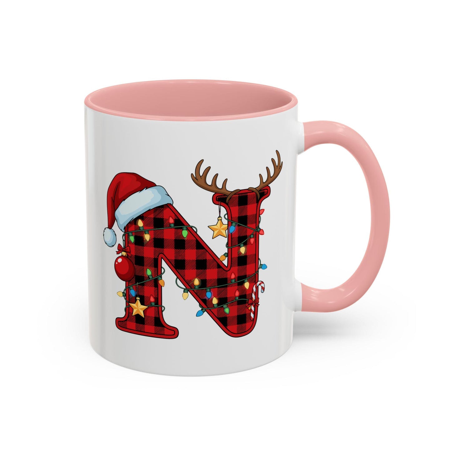 Personalized Christmas Mug: Buffalo Plaid Initial, Reindeer, Santa Hat