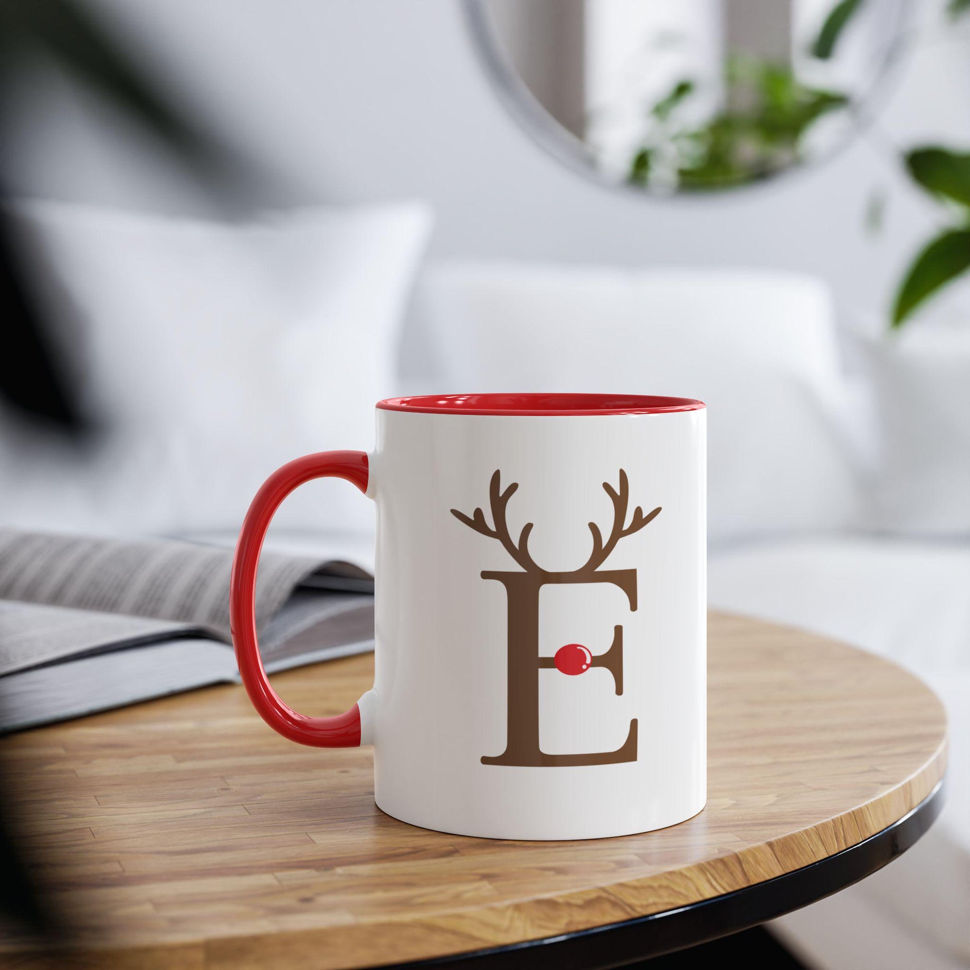 Personalised Reindeer Mug, Christmas Initial Coffee Cup, Holiday Gift for Her, Custom Letter Cup, Festive Red Accent Mug