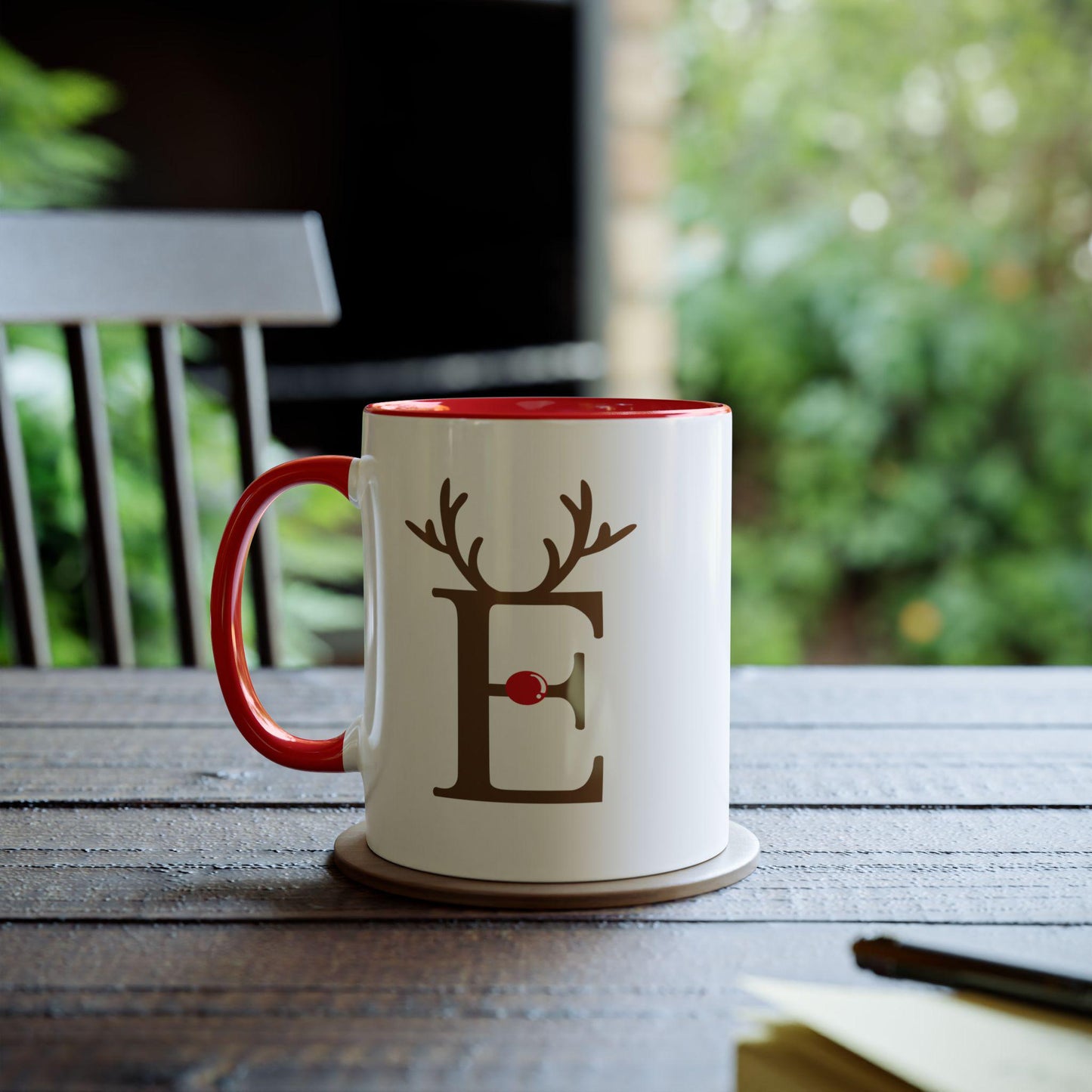 Personalised Reindeer Mug, Christmas Initial Coffee Cup, Holiday Gift for Her, Custom Letter Cup, Festive Red Accent Mug