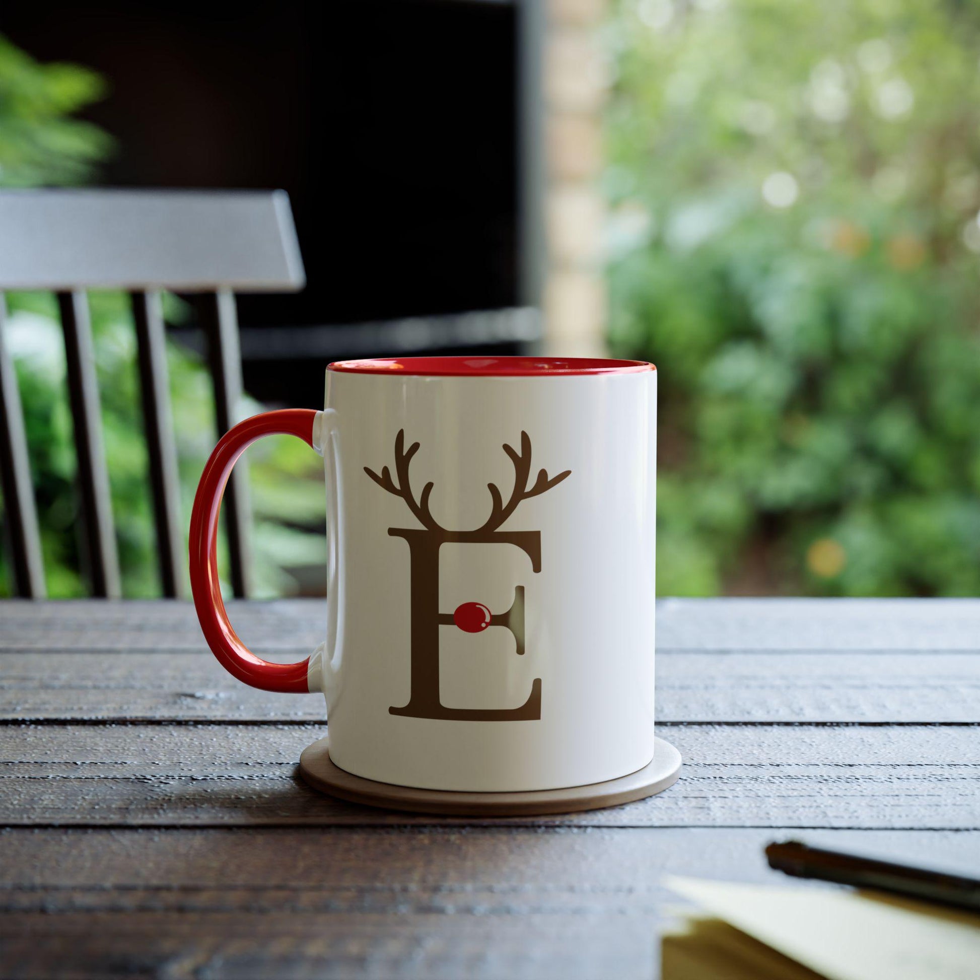 Personalised Reindeer Mug, Christmas Initial Coffee Cup, Holiday Gift for Her, Custom Letter Cup, Festive Red Accent Mug