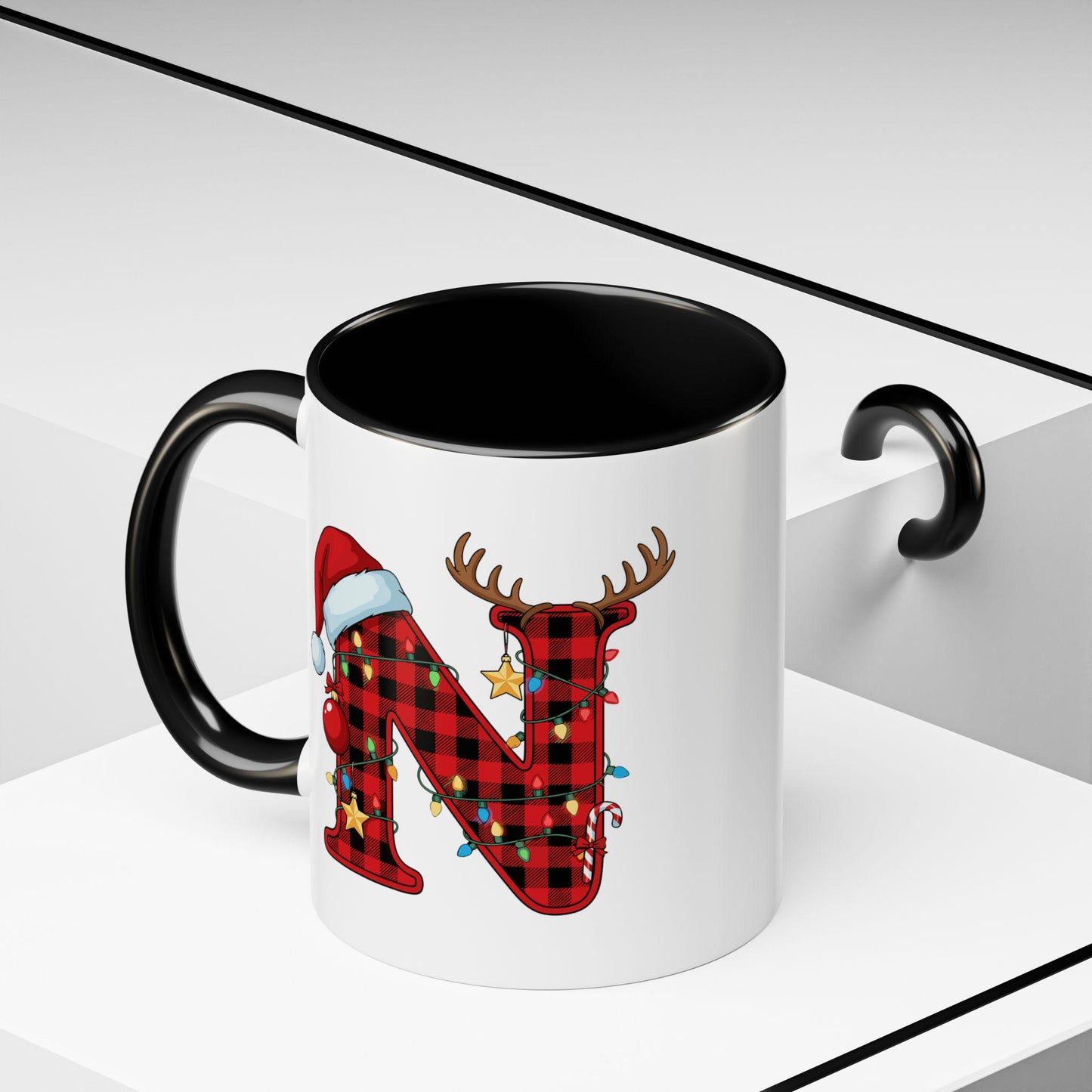 Personalized Christmas Mug: Buffalo Plaid Initial, Reindeer, Santa Hat