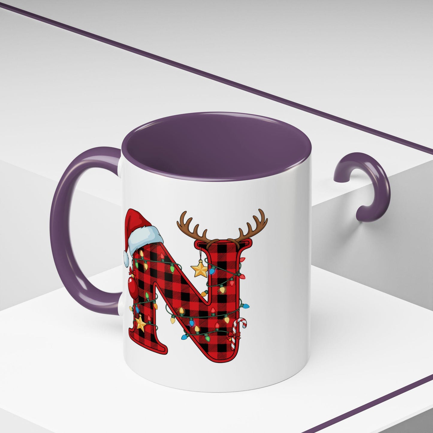 Personalized Christmas Mug: Buffalo Plaid Initial, Reindeer, Santa Hat