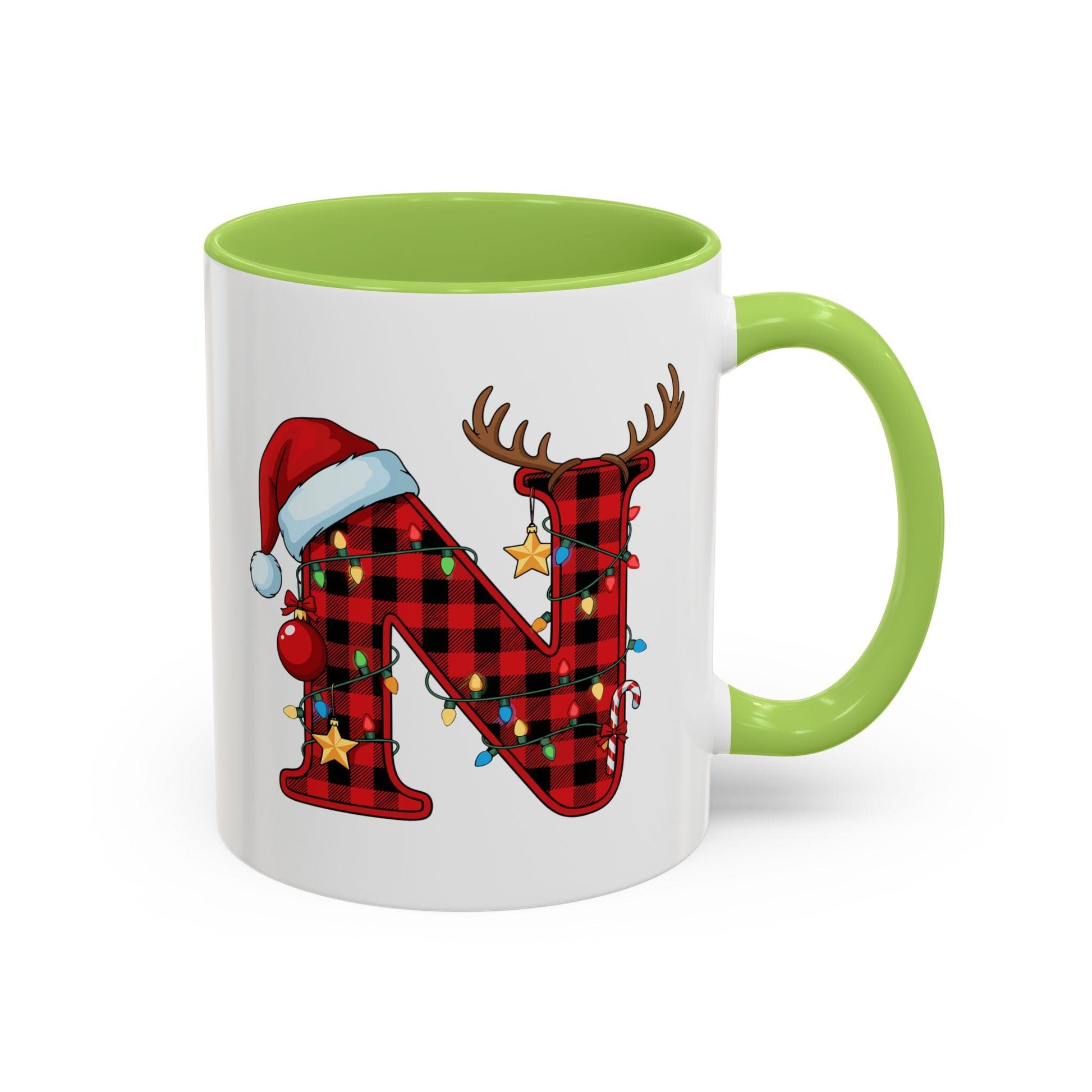 Personalized Christmas Mug: Buffalo Plaid Initial, Reindeer, Santa Hat