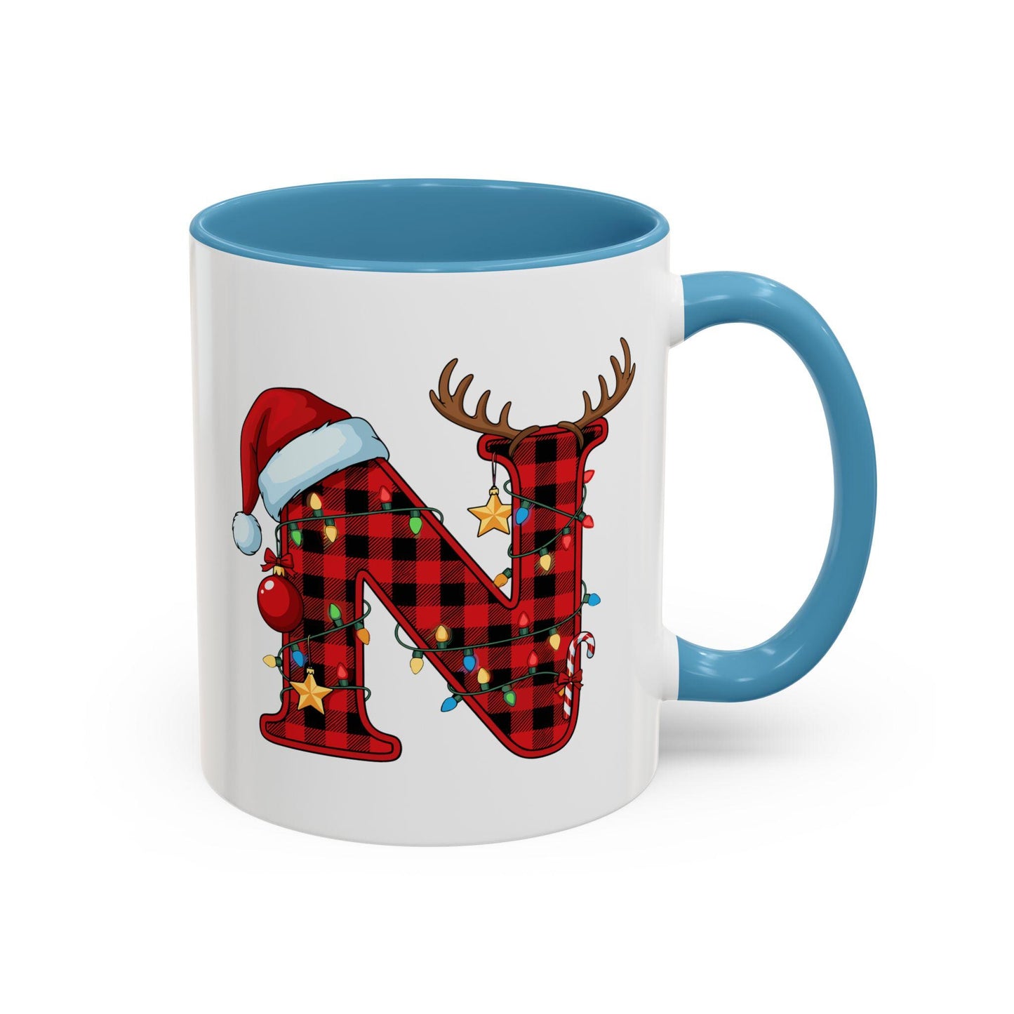 Personalized Christmas Mug: Buffalo Plaid Initial, Reindeer, Santa Hat