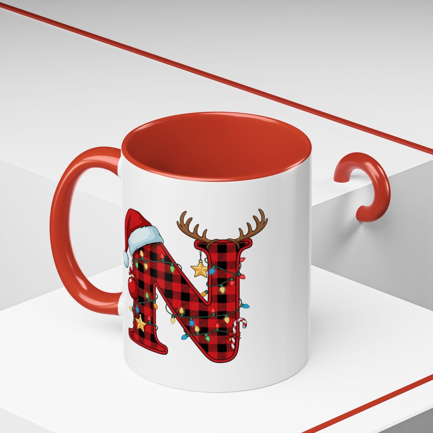 Personalized Christmas Mug: Buffalo Plaid Initial, Reindeer, Santa Hat