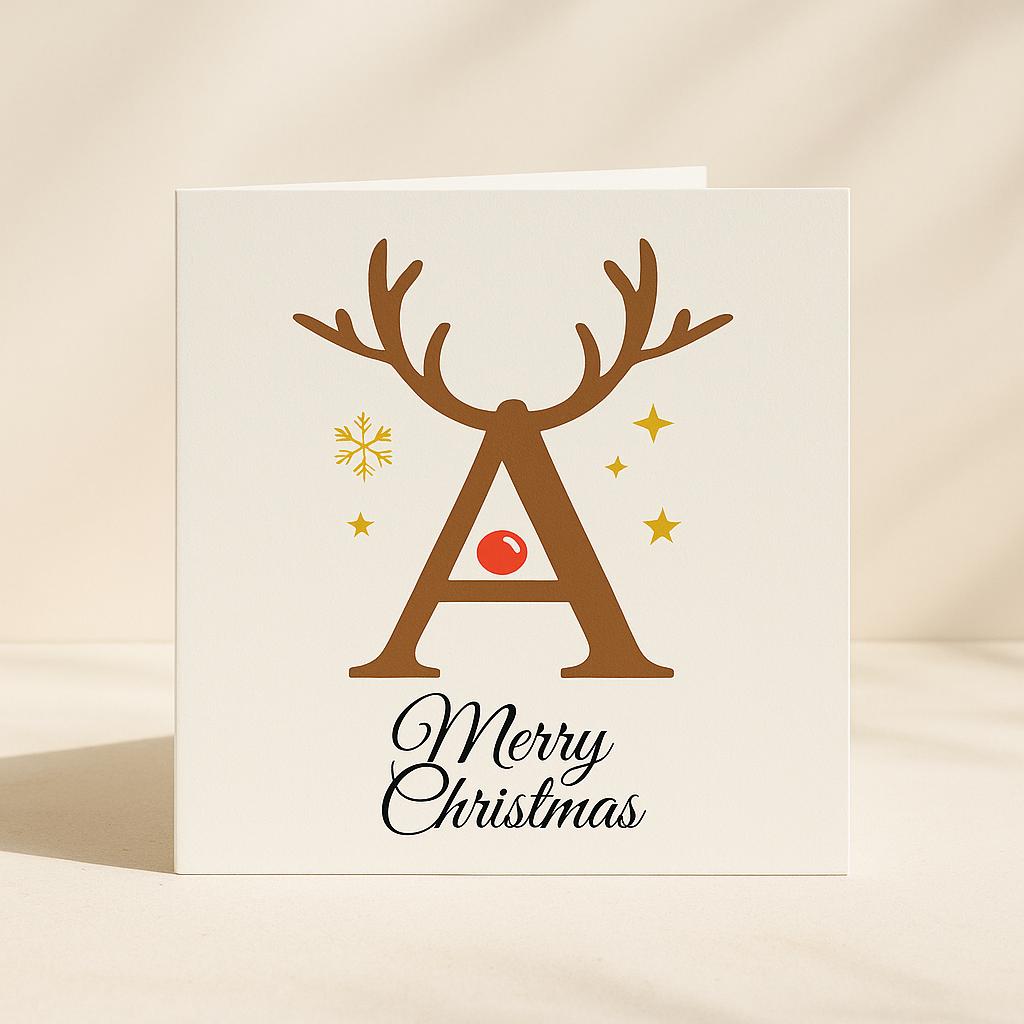 Personalised Reindeer Merry Christmas Card – A–Z Letter Monogram, Minimal Modern Design, Custom Name