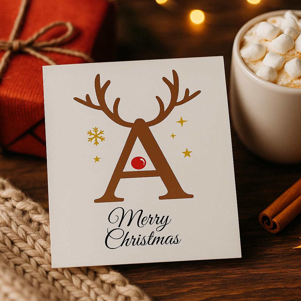 Personalised Reindeer Merry Christmas Card – A–Z Letter Monogram, Minimal Modern Design, Custom Name