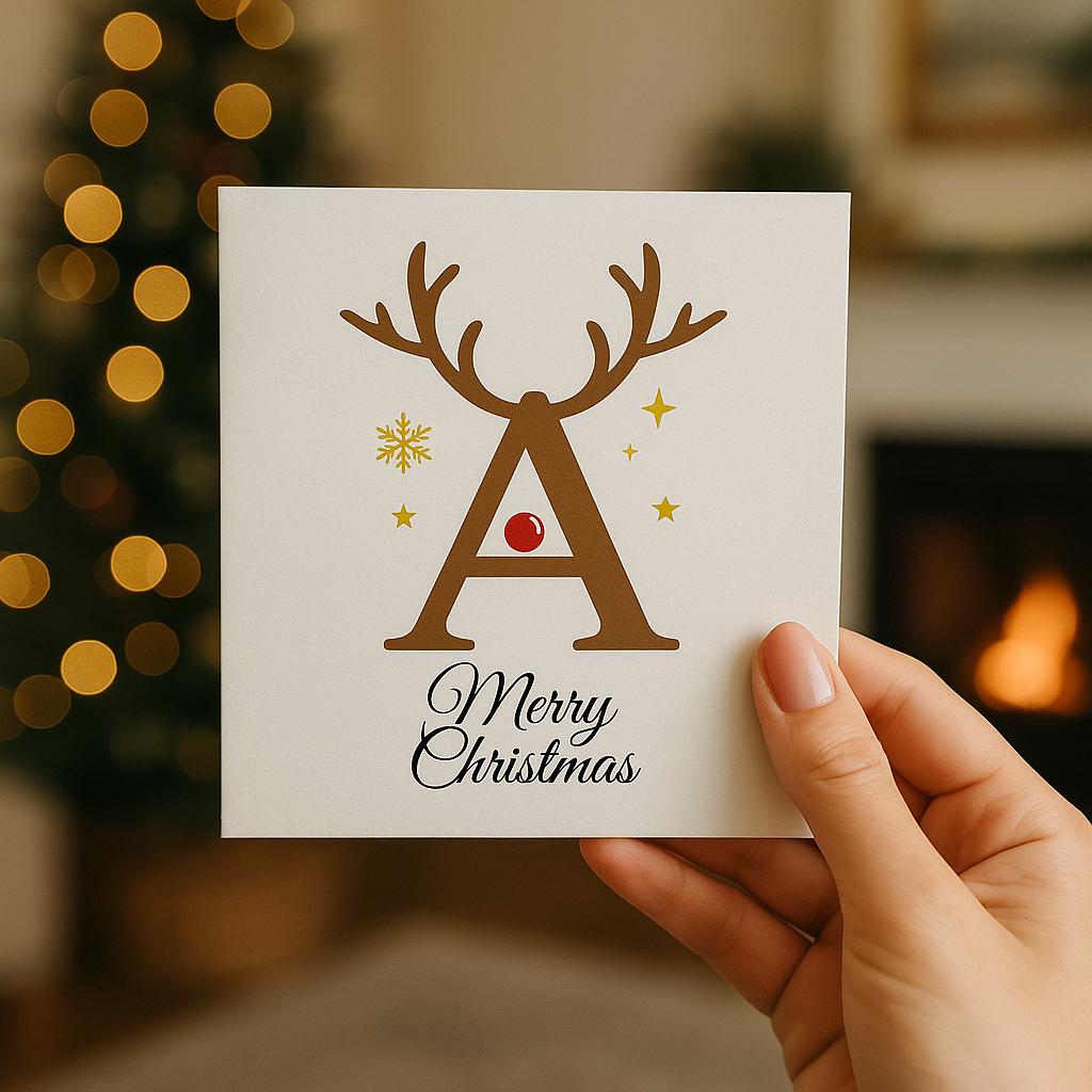 Personalised Reindeer Merry Christmas Card – A–Z Letter Monogram, Minimal Modern Design, Custom Name