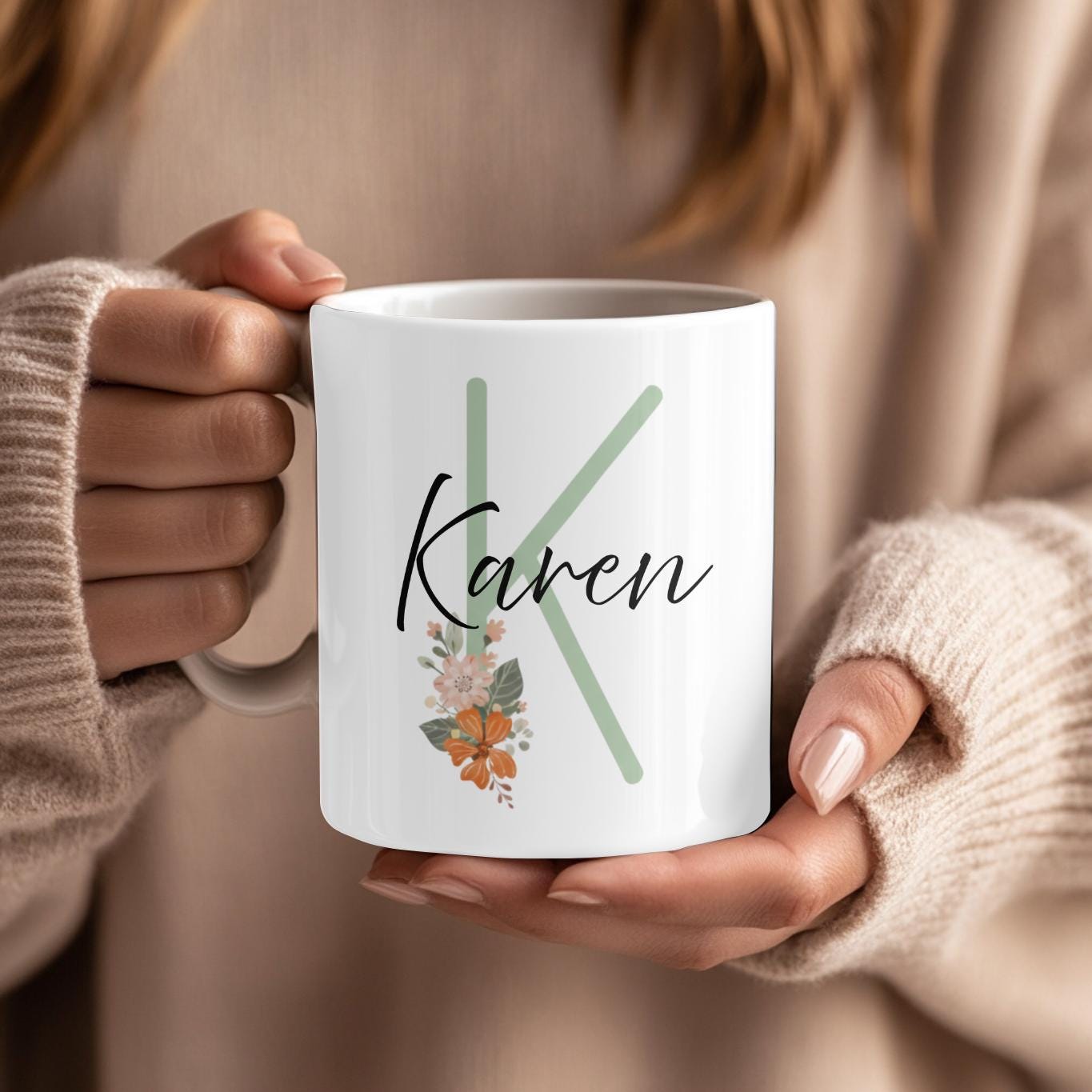 Personalized Initial Mug, Custom Name Floral Coffee Cup, Minimalist Botanical Gift, Flower Monogram Mug for Mom