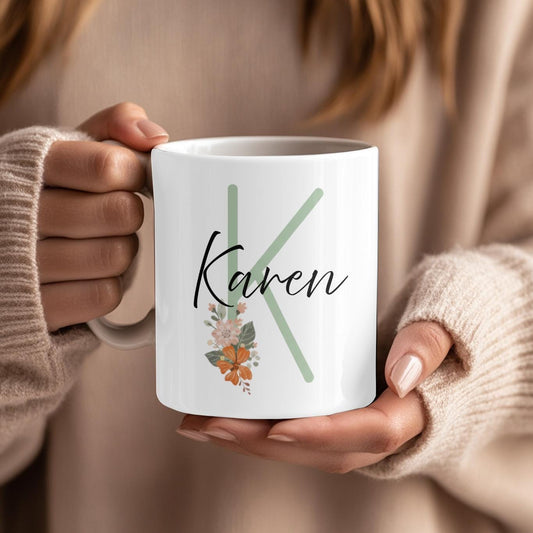 Personalized Initial Mug, Custom Name Floral Coffee Cup, Minimalist Botanical Gift, Flower Monogram Mug for Mom