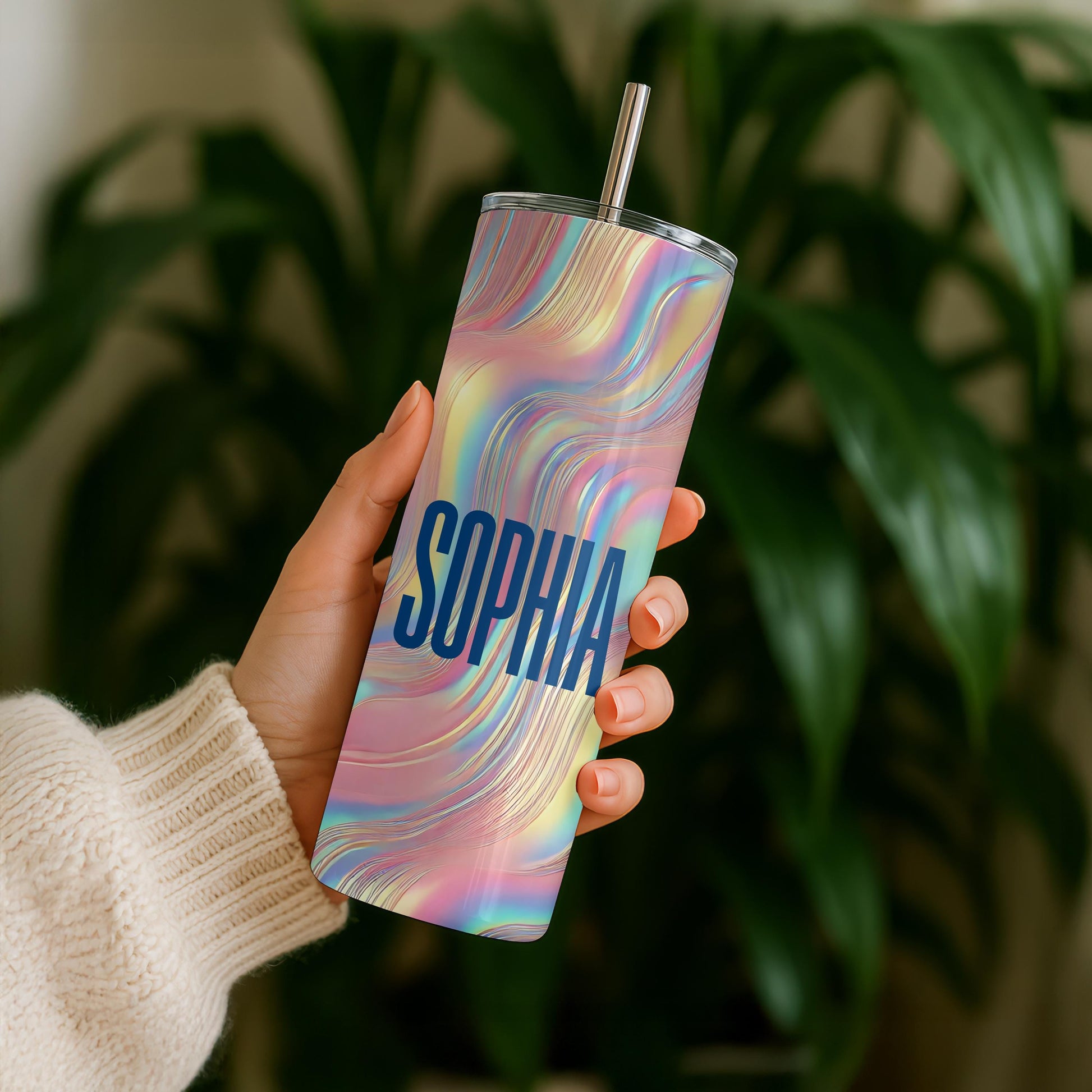 Personalized Iridescent Tumbler, Liquid Wave 20oz Skinny Tumbler, Custom Holographic Shimmer Cup