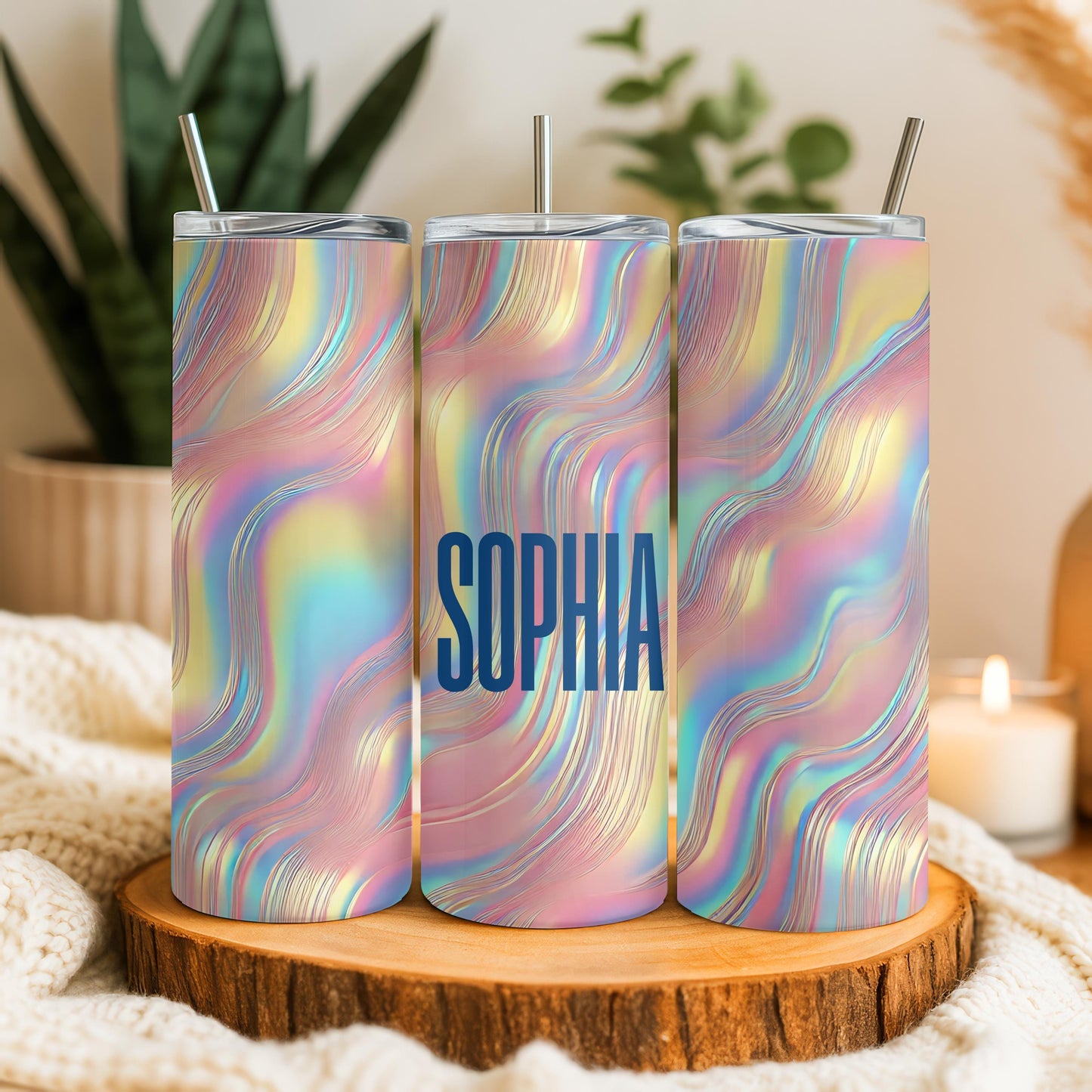 Personalized Iridescent Tumbler, Liquid Wave 20oz Skinny Tumbler, Custom Holographic Shimmer Cup