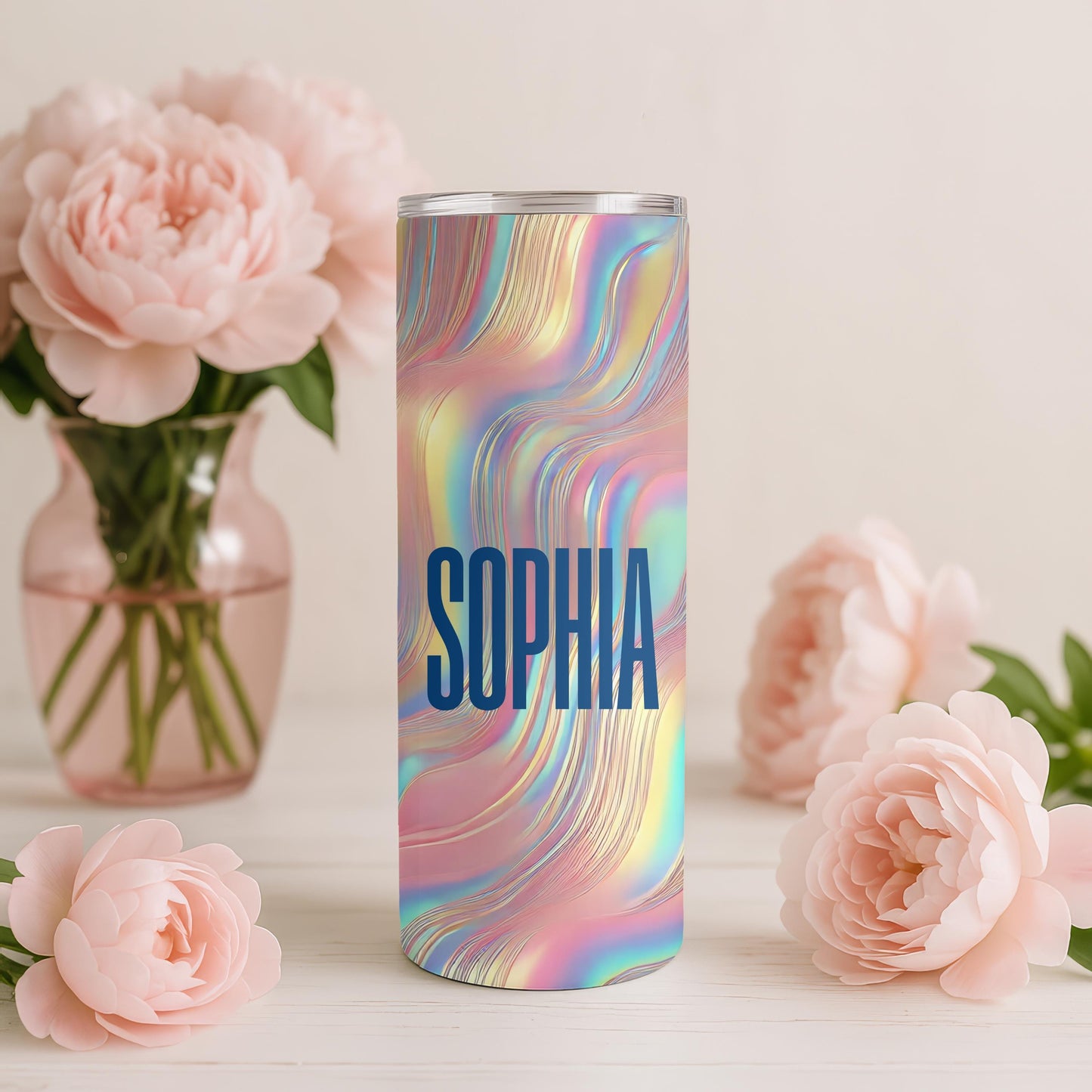 Personalized Iridescent Tumbler, Liquid Wave 20oz Skinny Tumbler, Custom Holographic Shimmer Cup