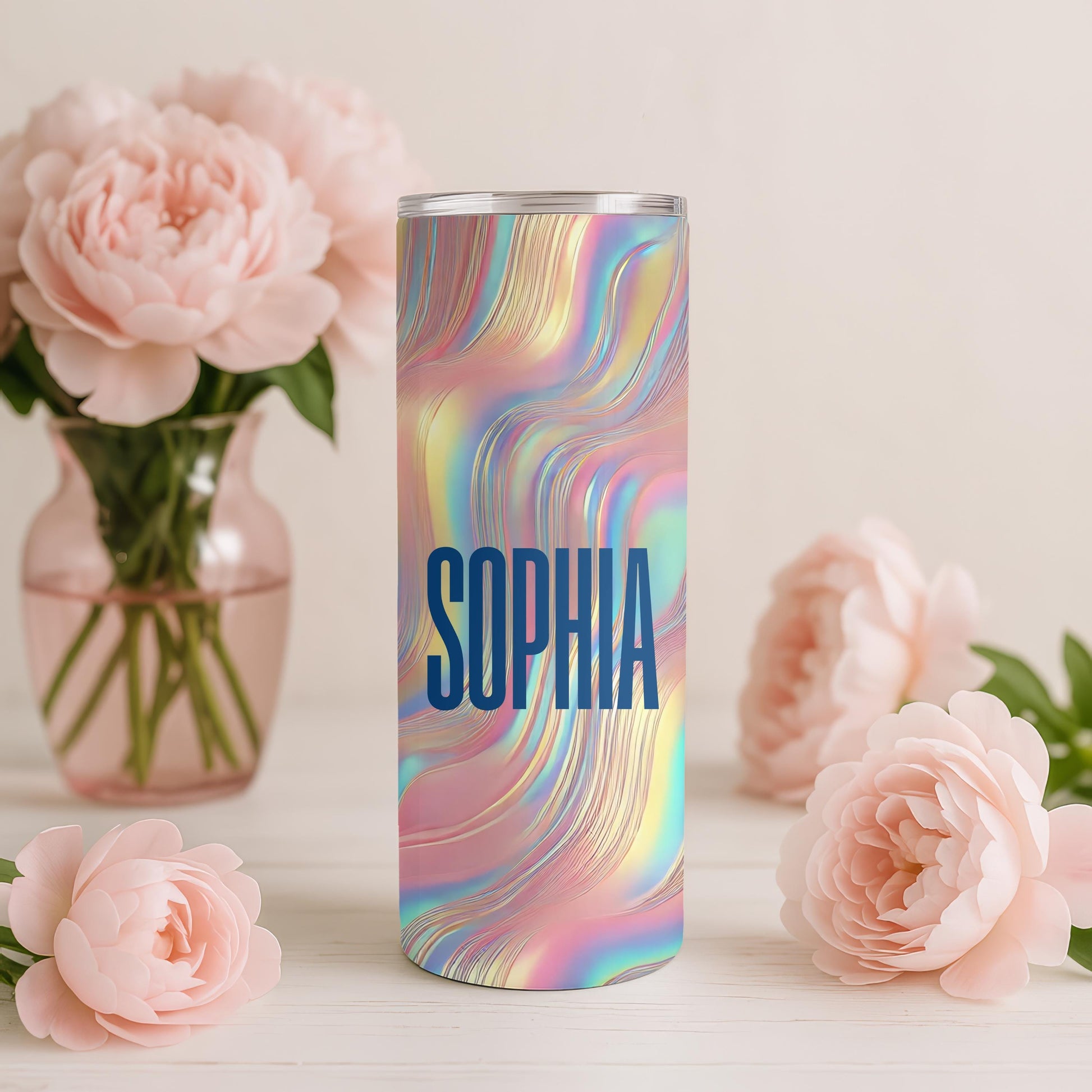Personalized Iridescent Tumbler, Liquid Wave 20oz Skinny Tumbler, Custom Holographic Shimmer Cup