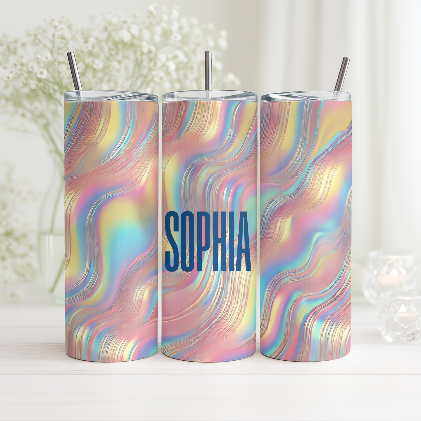 Personalized Iridescent Tumbler, Liquid Wave 20oz Skinny Tumbler, Custom Holographic Shimmer Cup