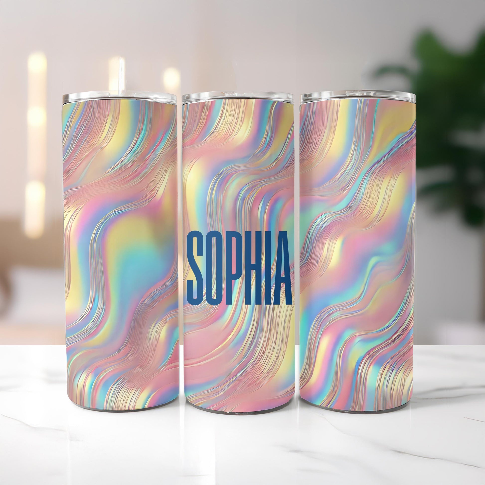Personalized Iridescent Tumbler, Liquid Wave 20oz Skinny Tumbler, Custom Holographic Shimmer Cup
