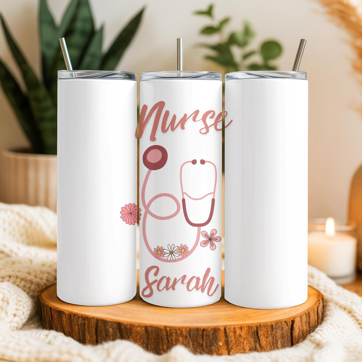 Nurse Tumbler: Personalized Floral Nurse Gift, 20oz Skinny Tumbler, Stethoscope Coffee Travel Cup, Nurse Week gift
