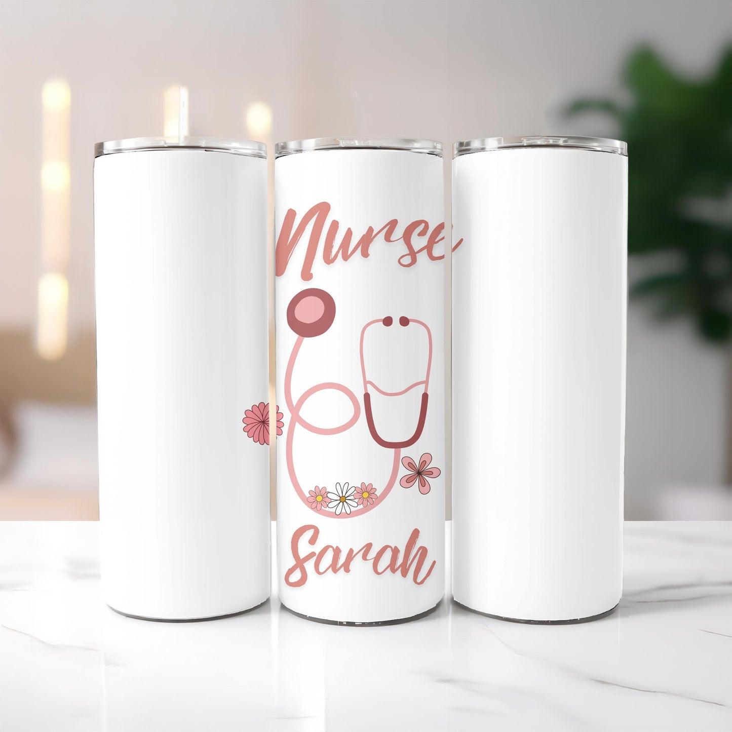 Nurse Tumbler: Personalized Floral Nurse Gift, 20oz Skinny Tumbler, Stethoscope Coffee Travel Cup, Nurse Week gift