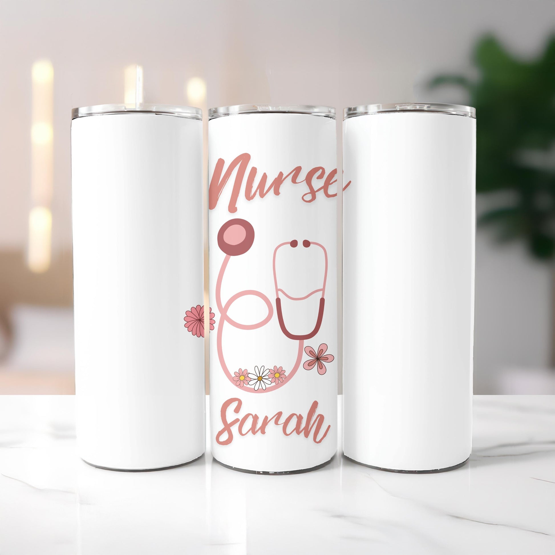 Nurse Tumbler: Personalized Floral Nurse Gift, 20oz Skinny Tumbler, Stethoscope Coffee Travel Cup, Nurse Week gift