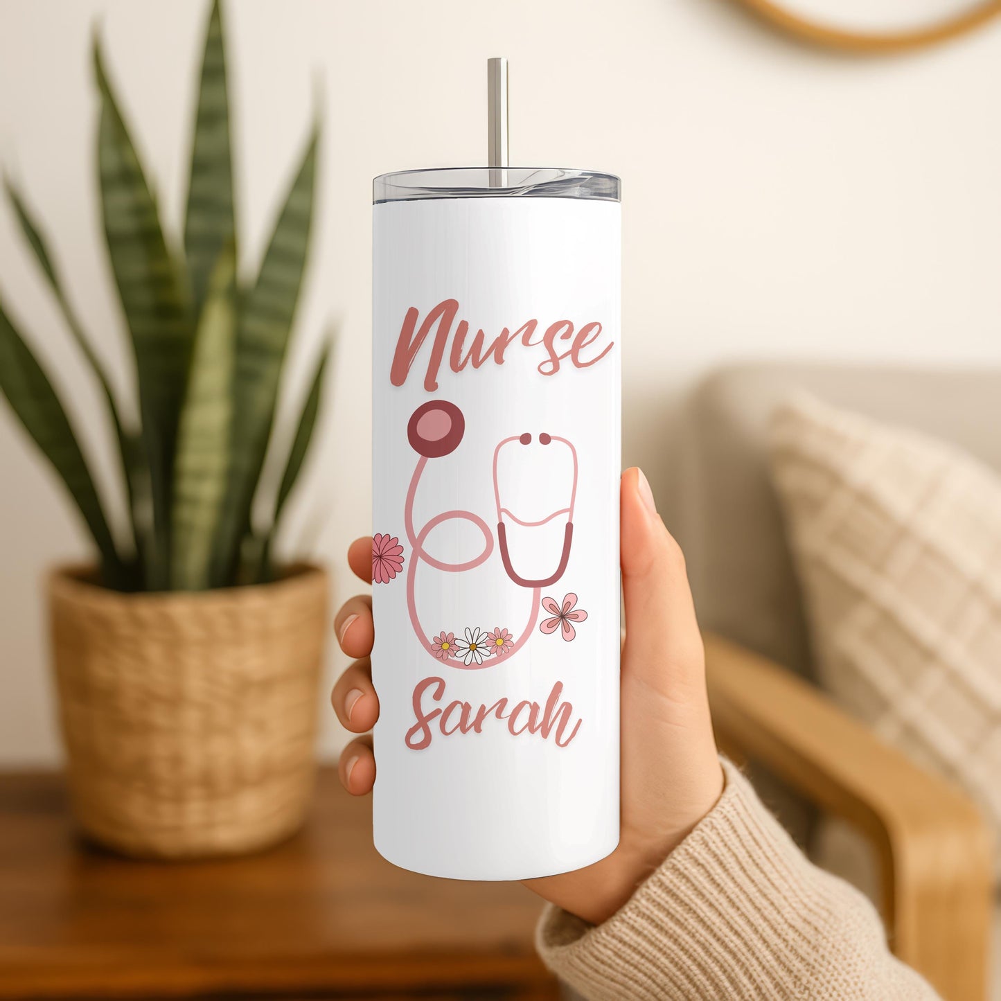 Nurse Tumbler: Personalized Floral Nurse Gift, 20oz Skinny Tumbler, Stethoscope Coffee Travel Cup, Nurse Week gift