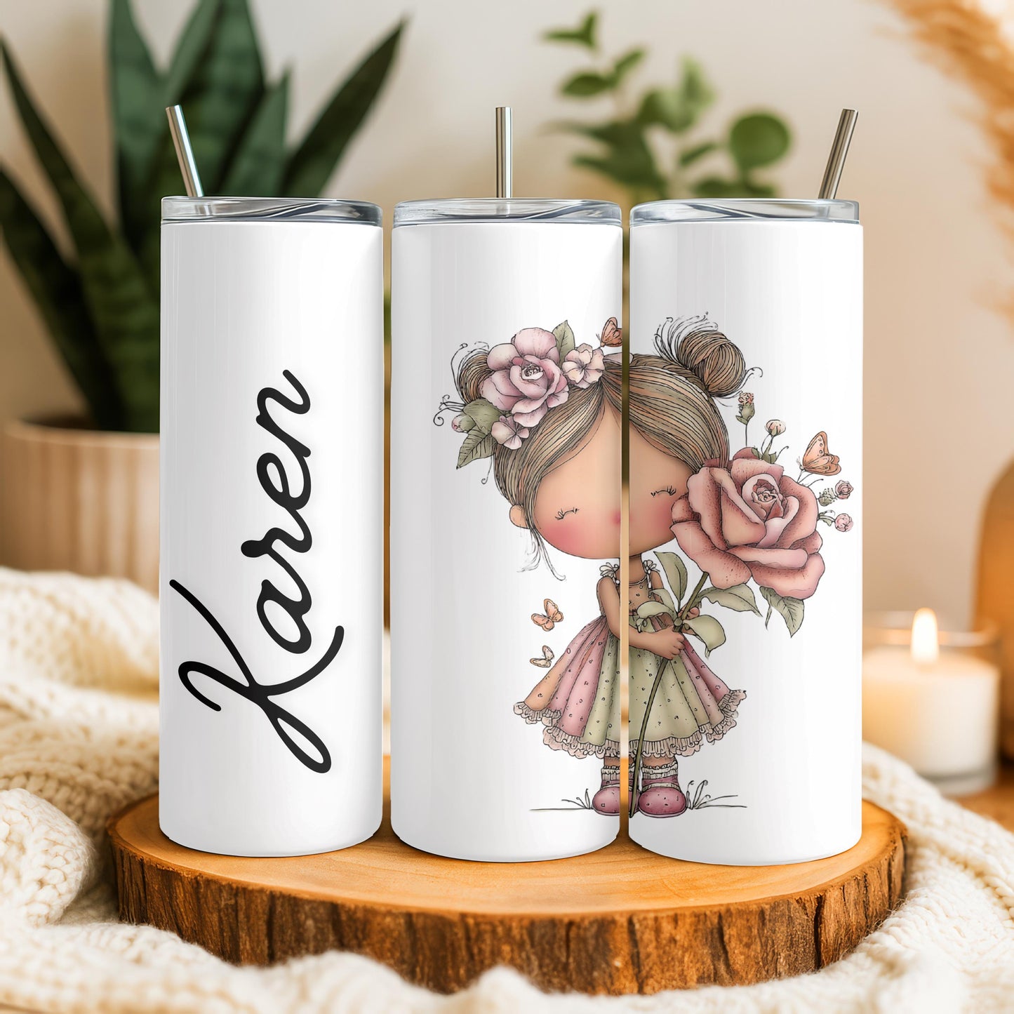 Personalized Whimsical Girl Tumbler, Custom Name 20oz Skinny Tumbler, Cute Floral Character Illustration, Gift for Her