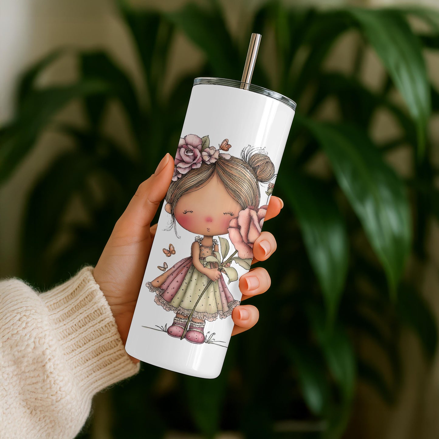 Personalized Whimsical Girl Tumbler, Custom Name 20oz Skinny Tumbler, Cute Floral Character Illustration, Gift for Her