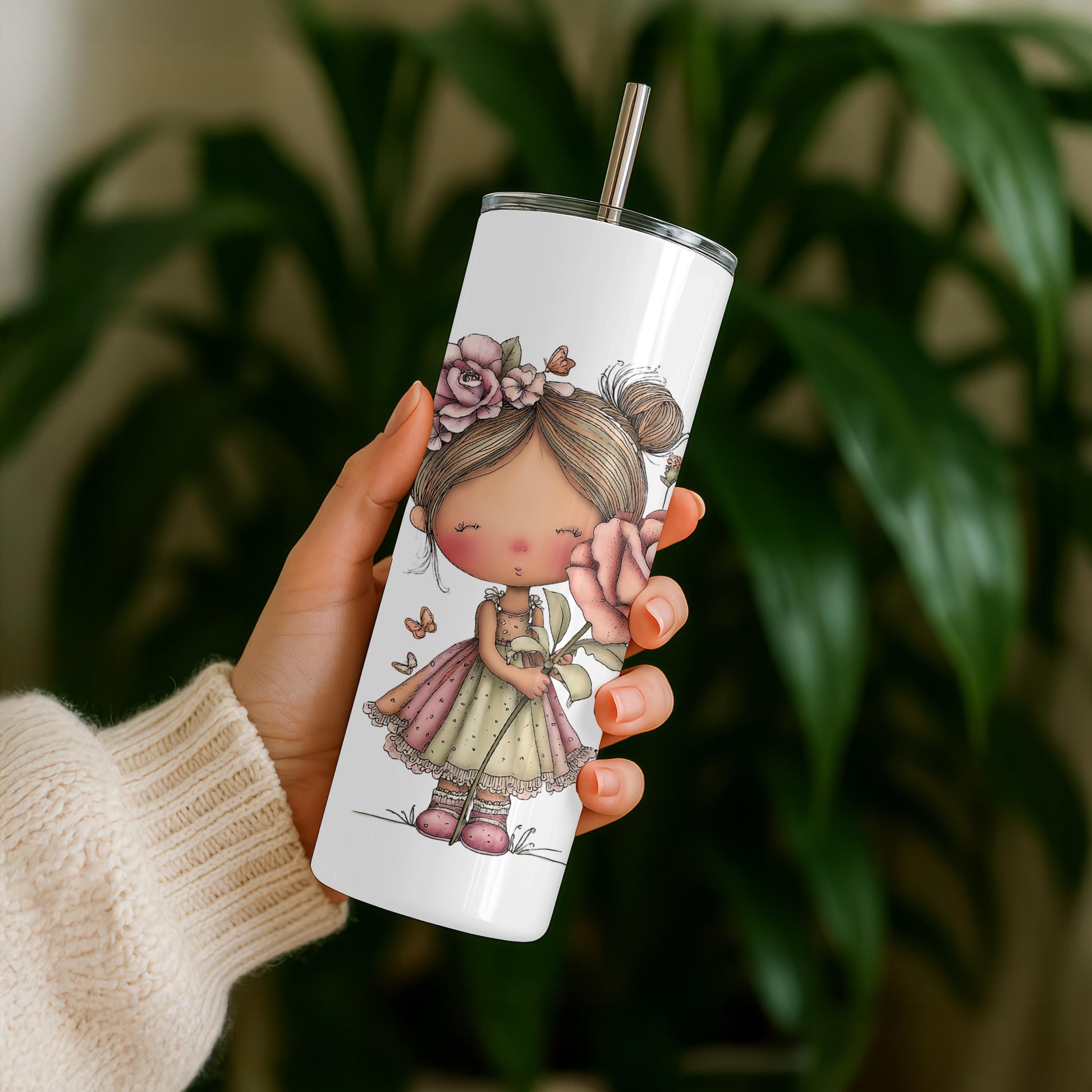 Personalized Whimsical Girl Tumbler, Custom Name 20oz Skinny Tumbler, Cute Floral Character Illustration, Gift for Her