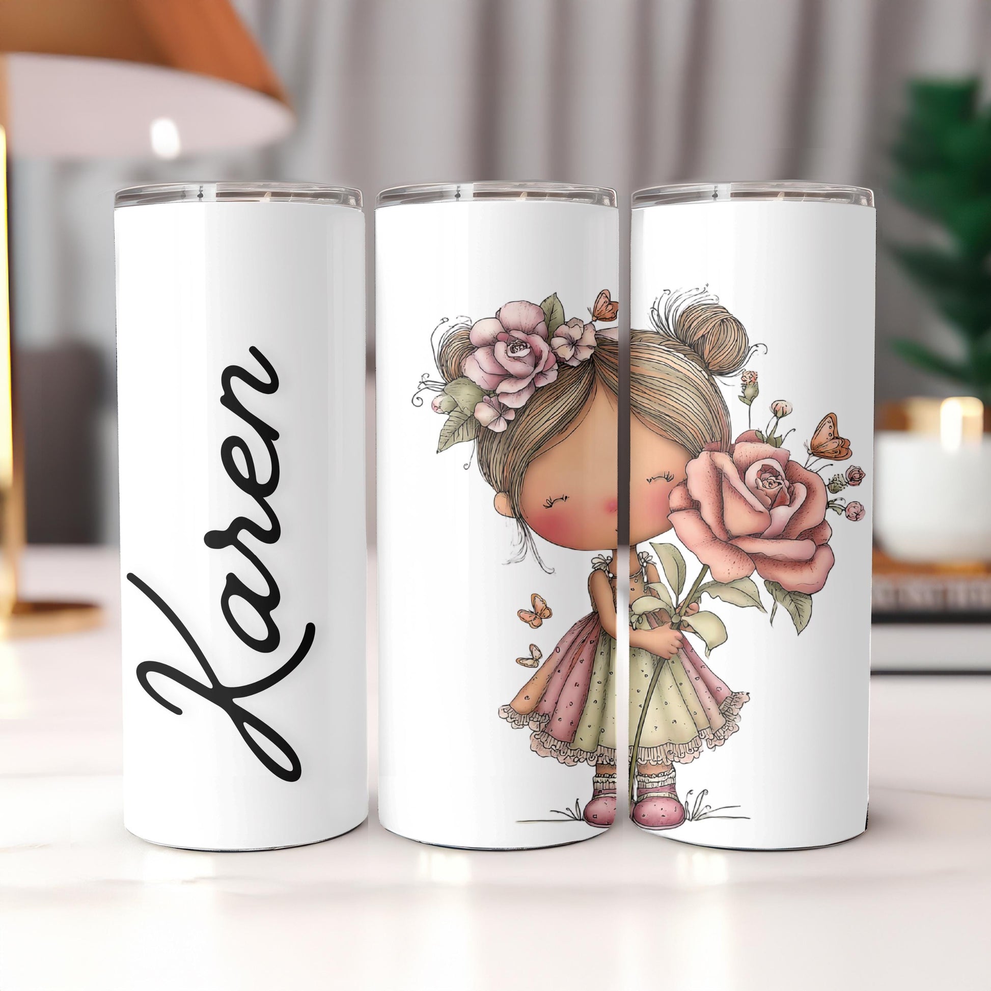 Personalized Whimsical Girl Tumbler, Custom Name 20oz Skinny Tumbler, Cute Floral Character Illustration, Gift for Her