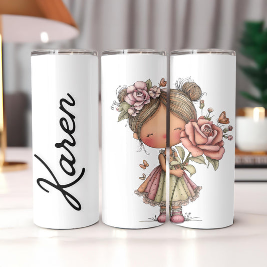 Personalized Whimsical Girl Tumbler, Custom Name 20oz Skinny Tumbler, Cute Floral Character Illustration, Gift for Her